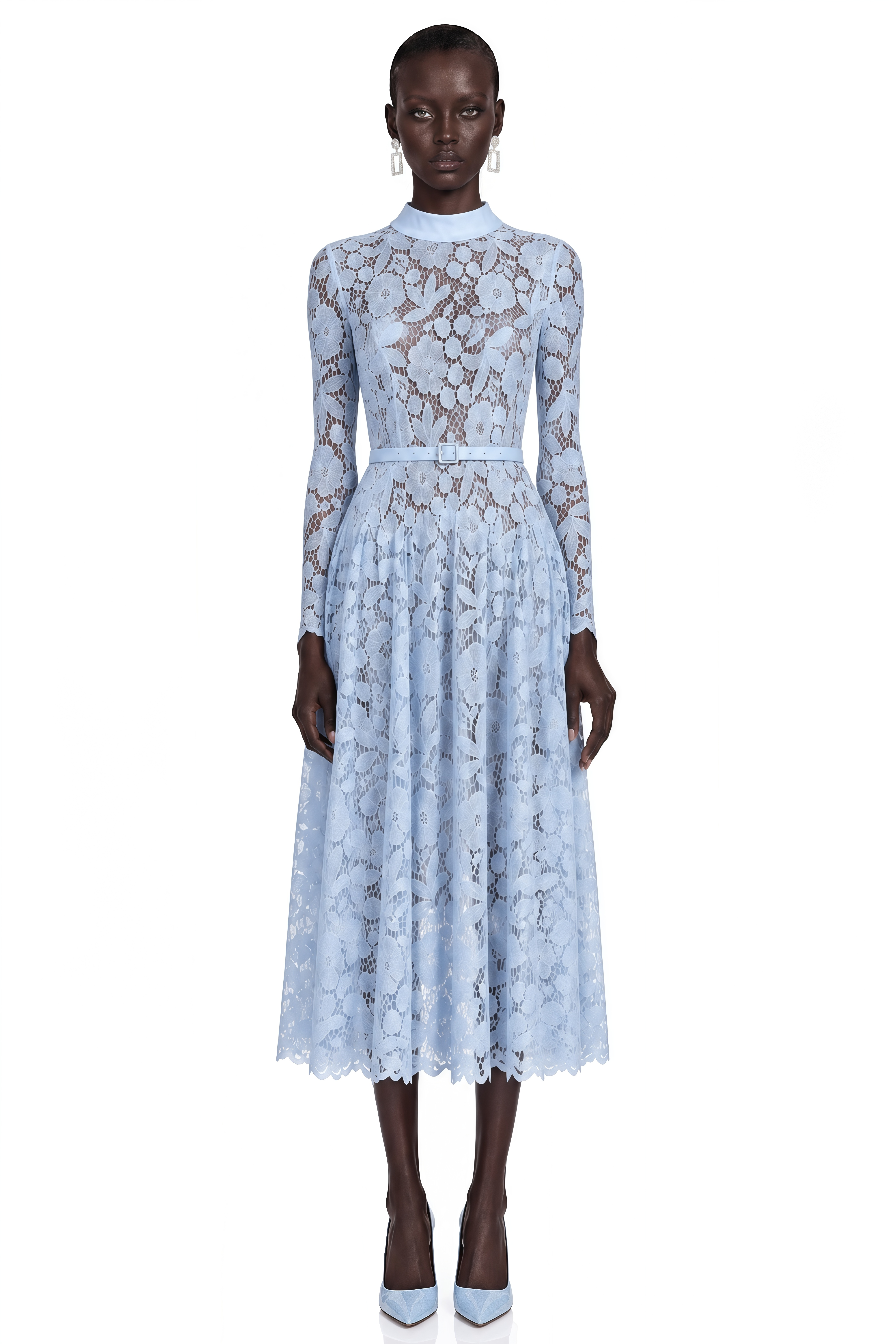 Hadlee Blue Lace Long Sleeve Belted Midi Dress – Miss Rosier