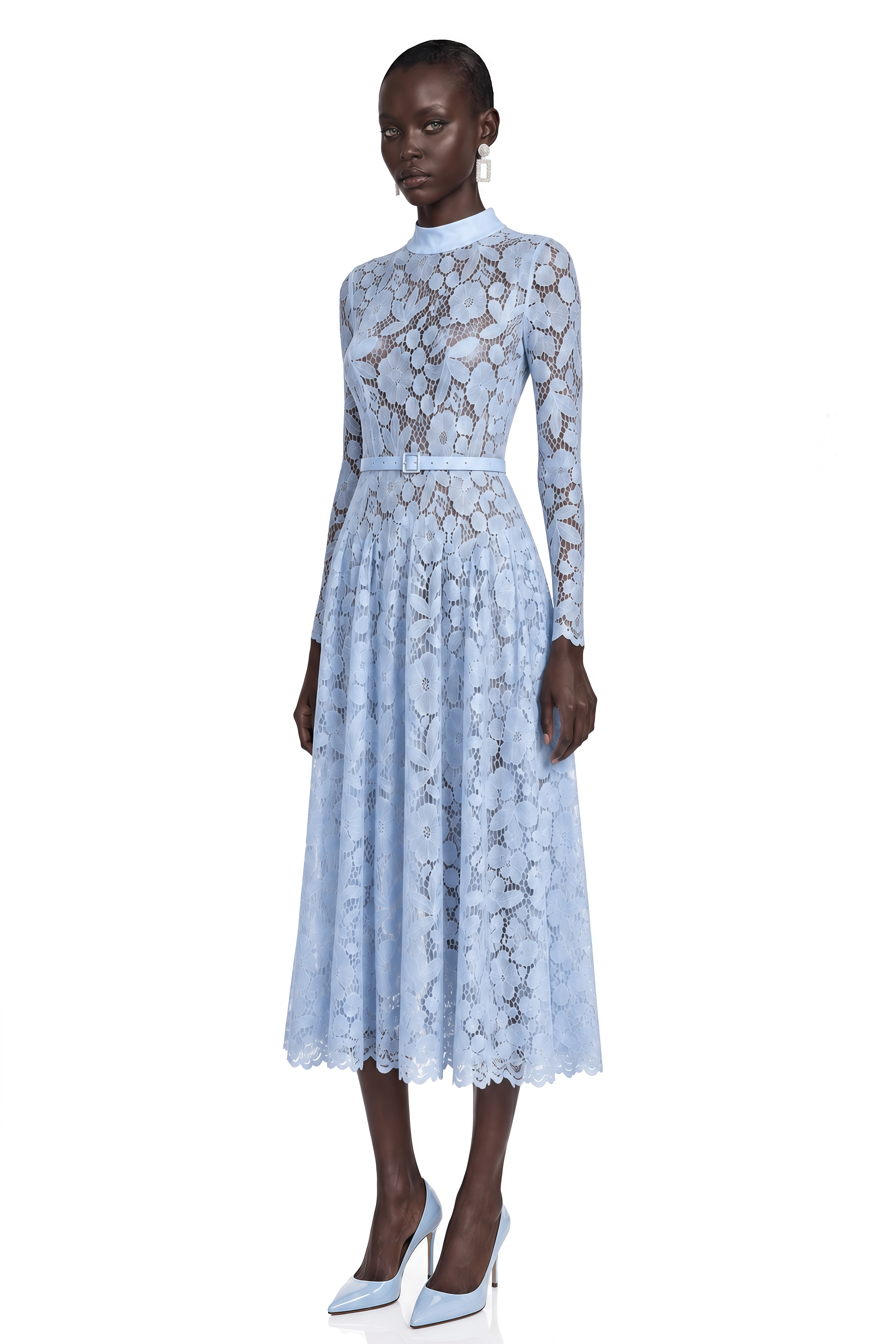 Hadlee Blue Lace Long Sleeve Belted Midi Dress