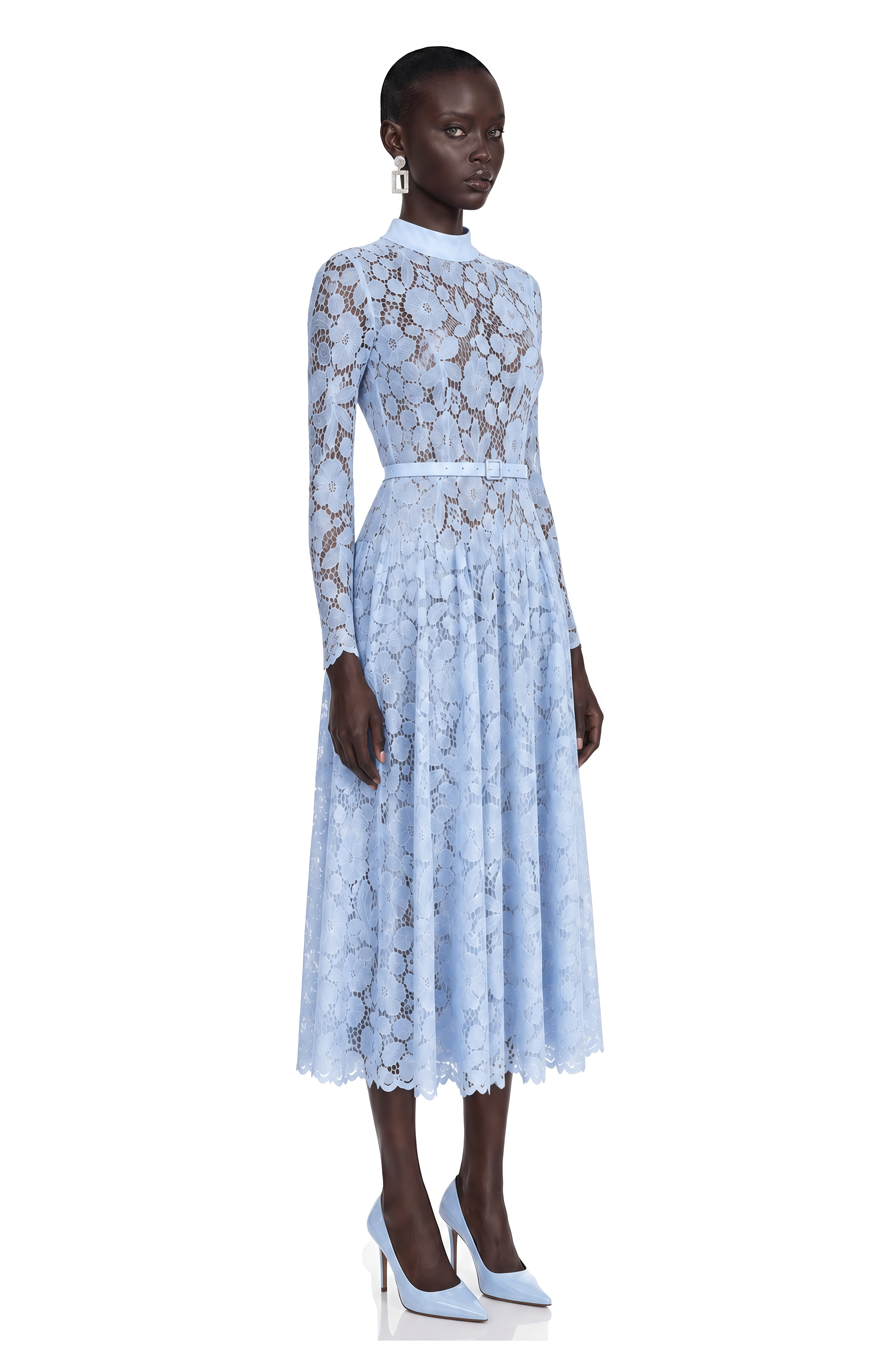 Hadlee Blue Lace Long Sleeve Belted Midi Dress