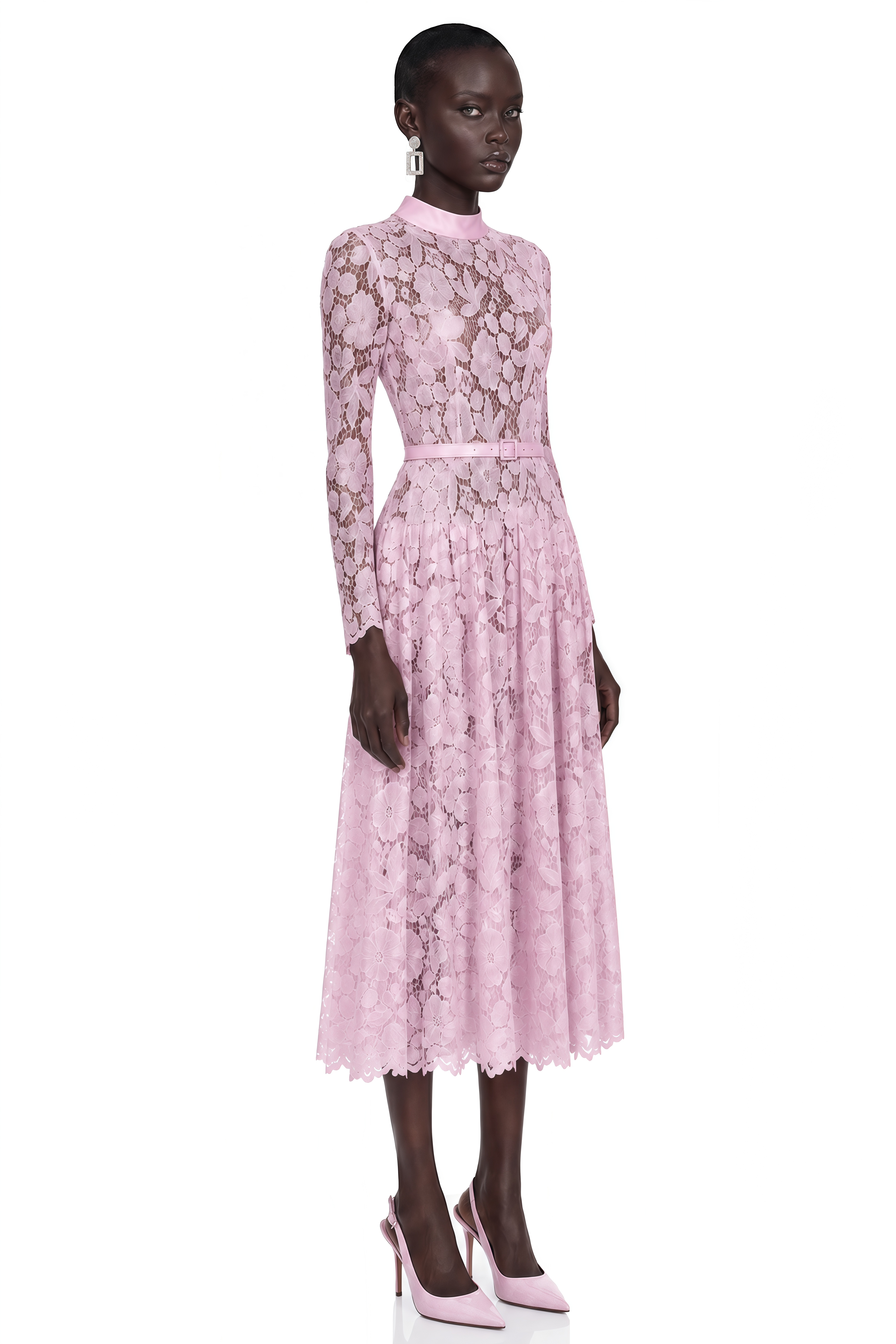 Hadlee Pink Lace Long Sleeve Belted Midi Dress