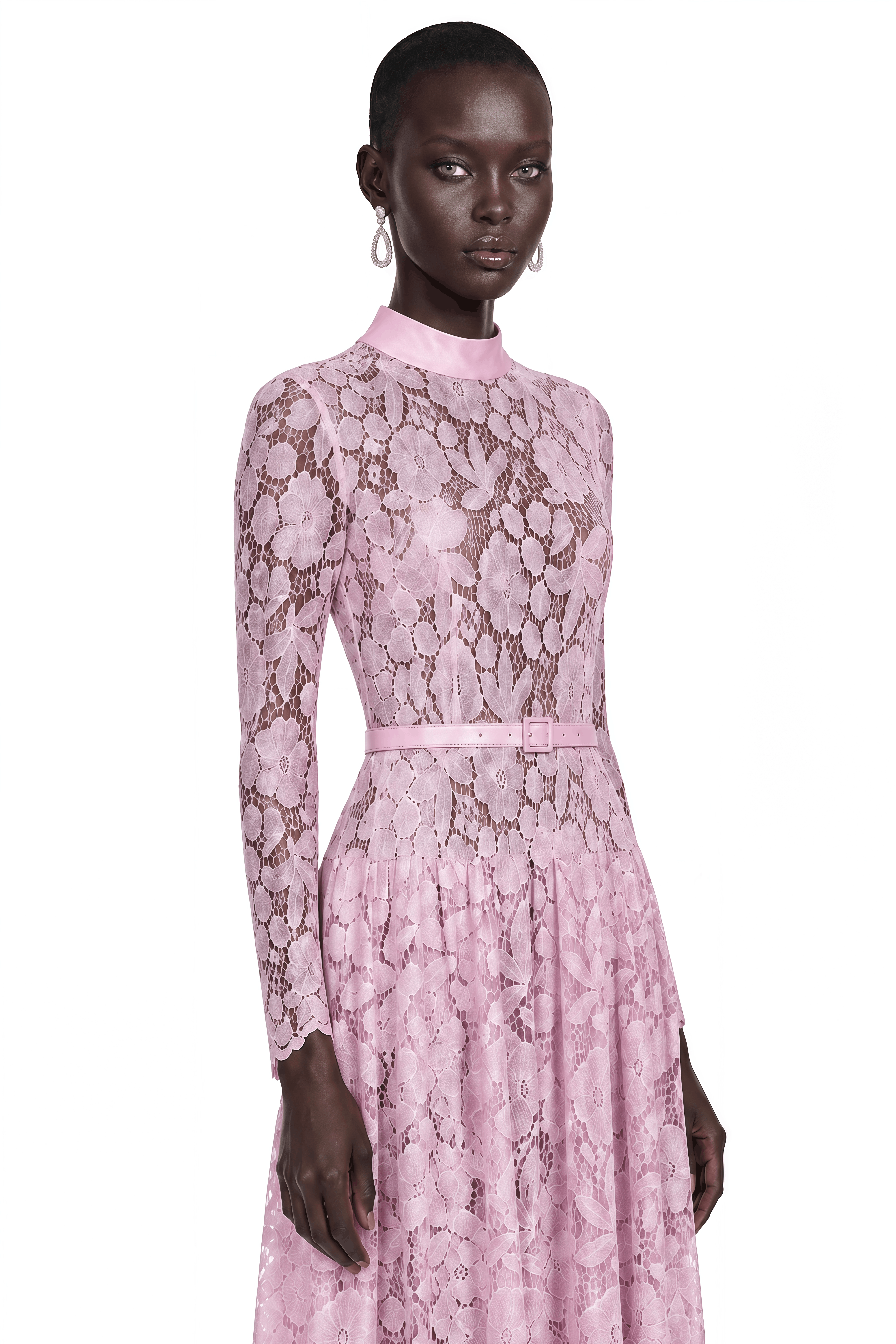 Hadlee Pink Lace Long Sleeve Belted Midi Dress