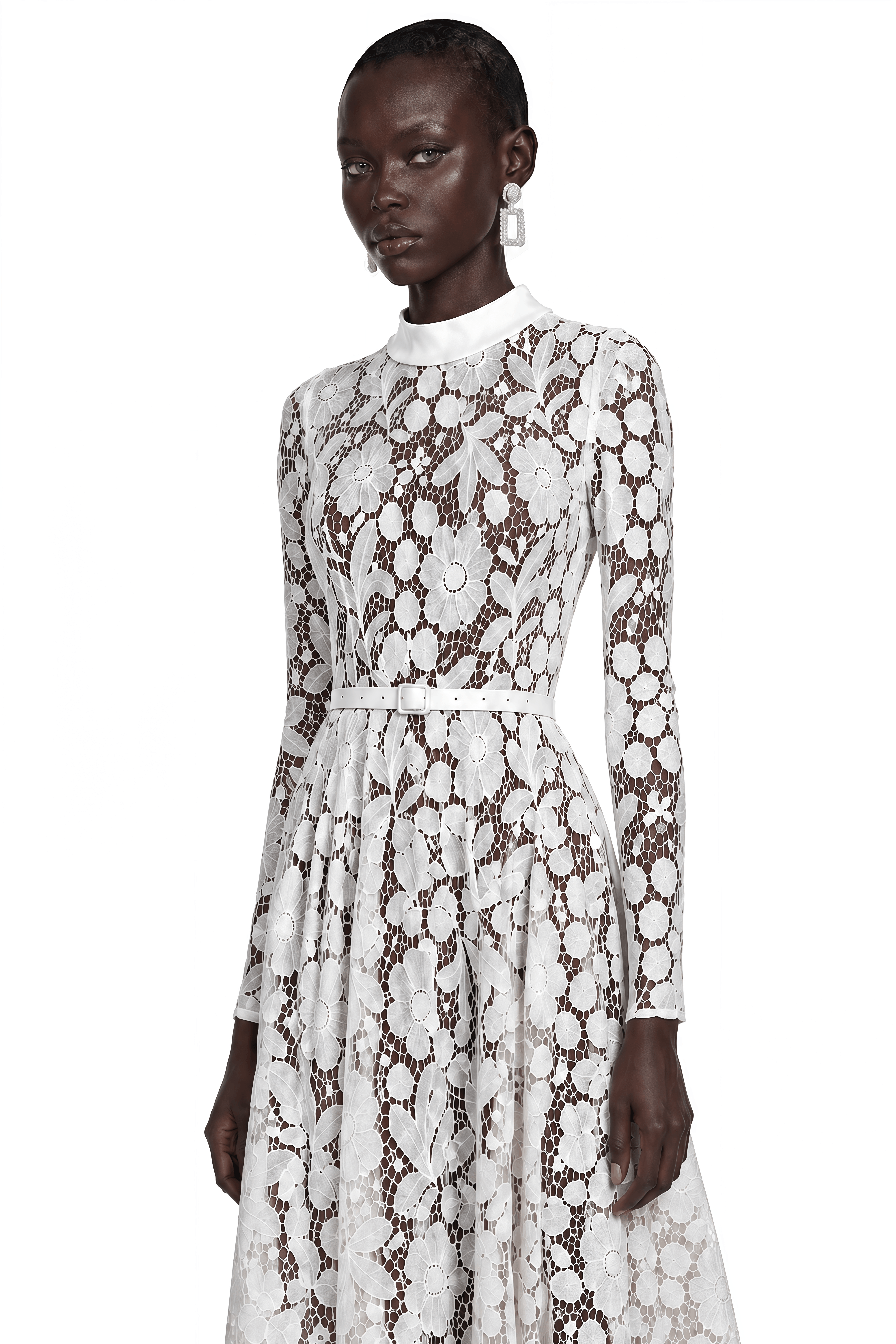 Hadlee White Lace Long Sleeve Belted Midi Dress