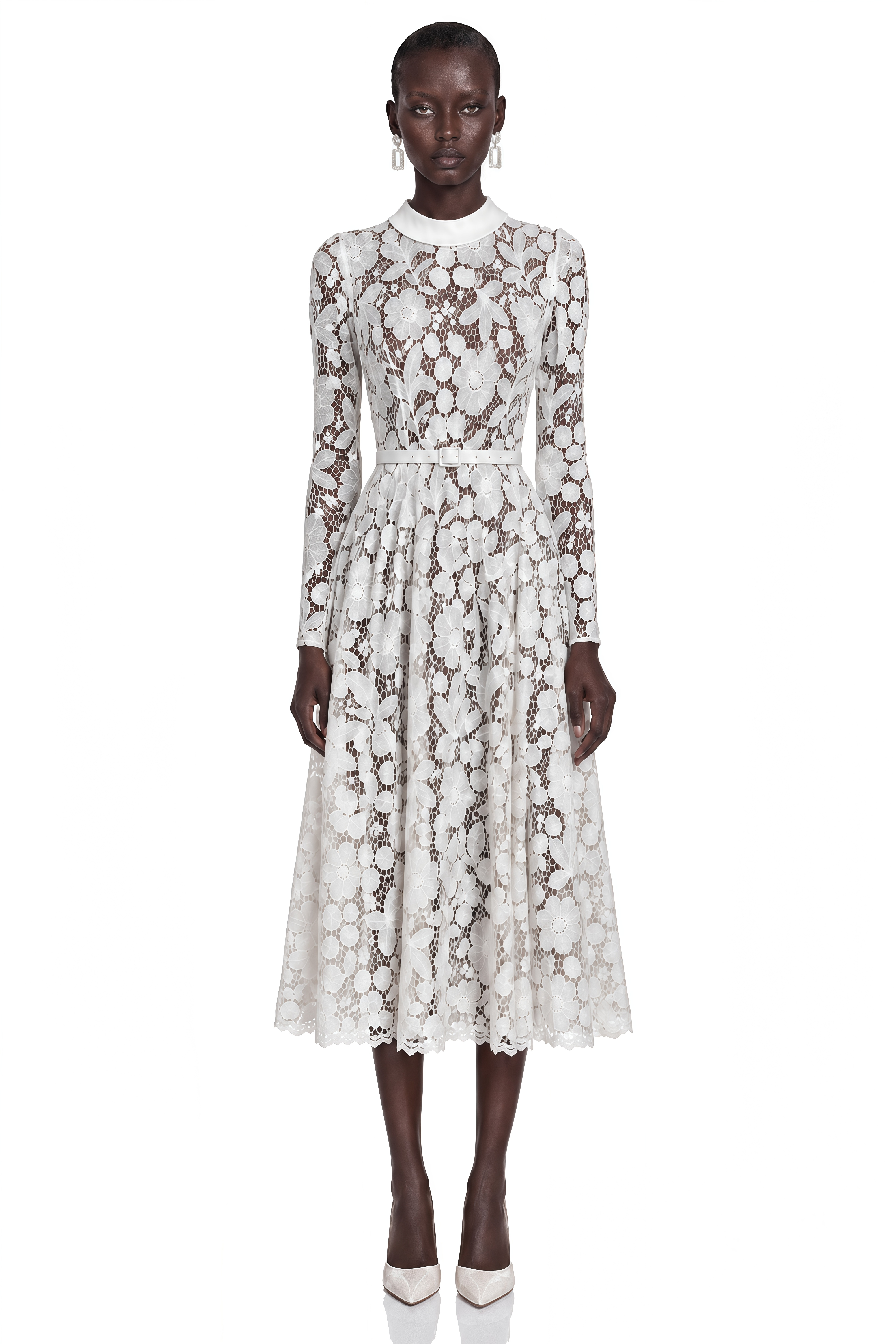 Hadlee White Lace Long Sleeve Belted Midi Dress