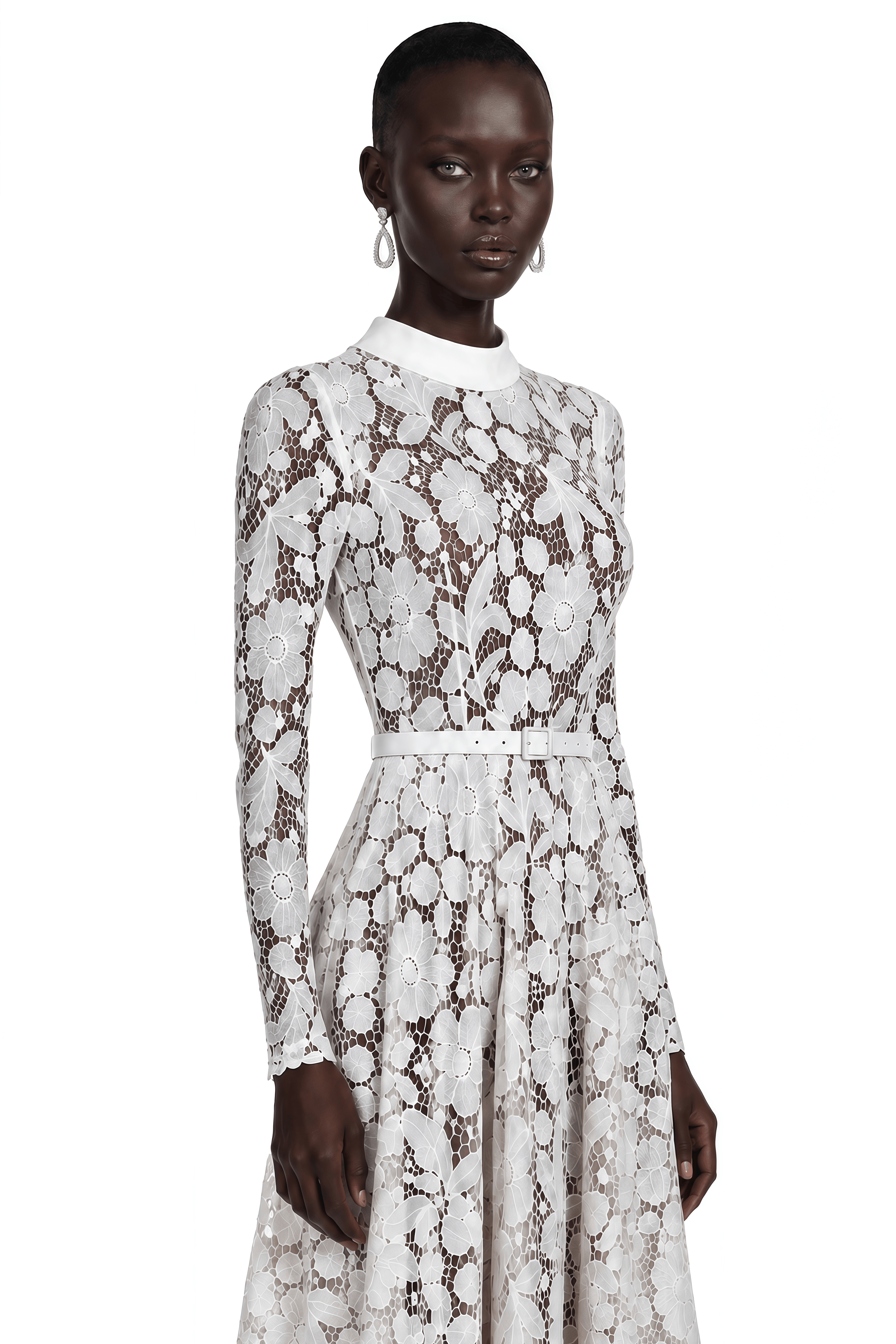 Hadlee White Lace Long Sleeve Belted Midi Dress