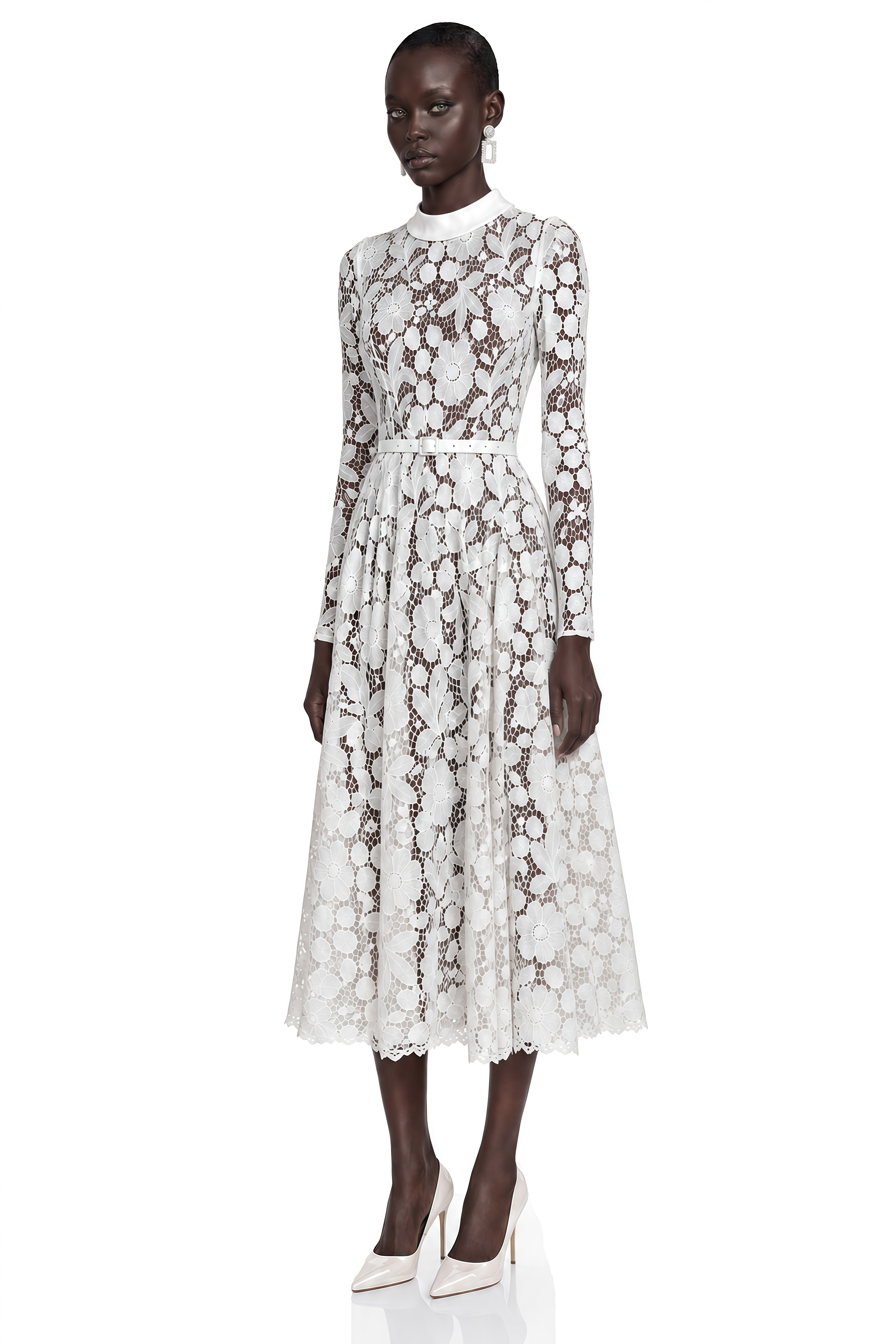 Hadlee White Lace Long Sleeve Belted Midi Dress