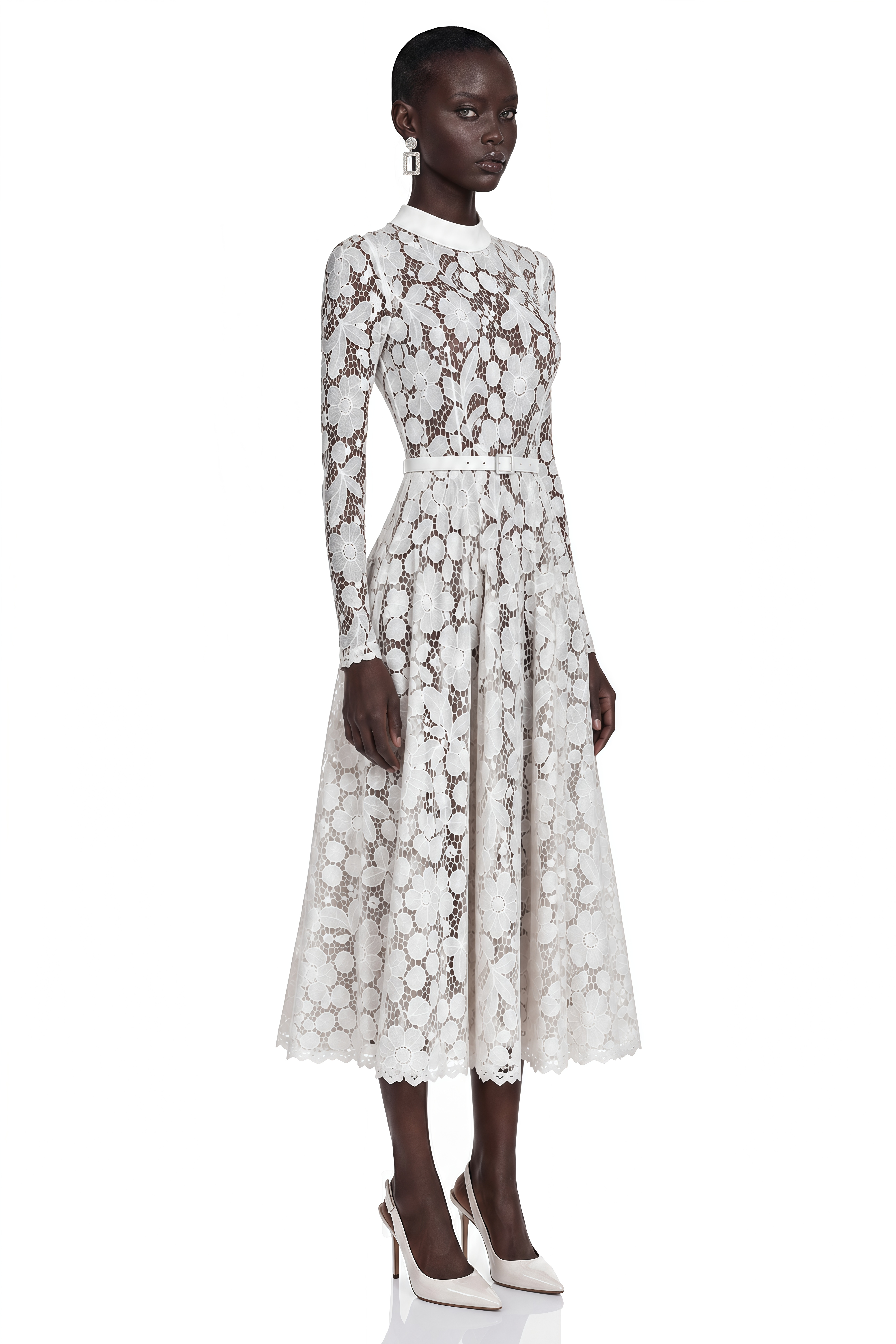 Hadlee White Lace Long Sleeve Belted Midi Dress