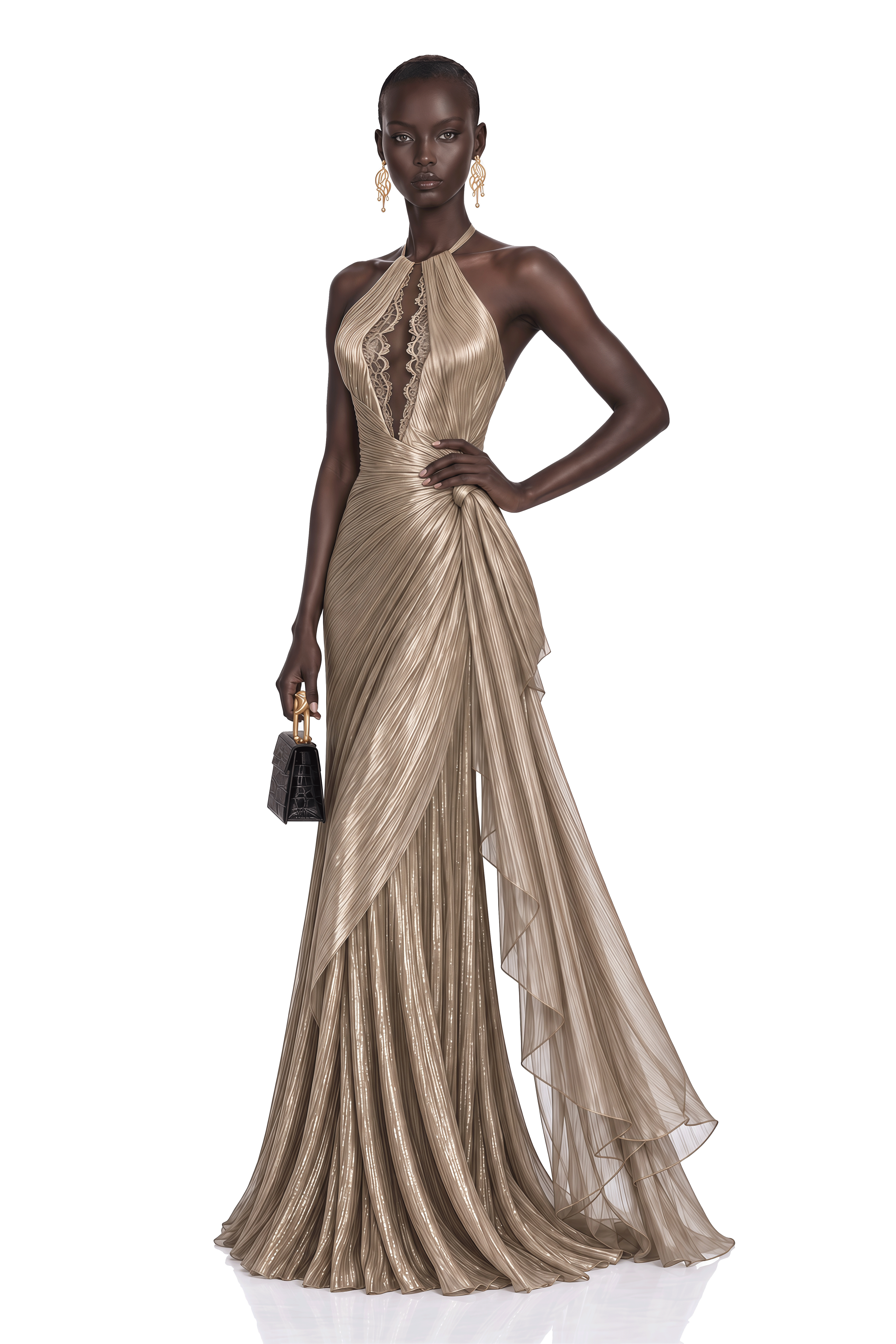 Hadley Champagne Gold Pleated Halterneck Maxi Dress – Miss Rosier