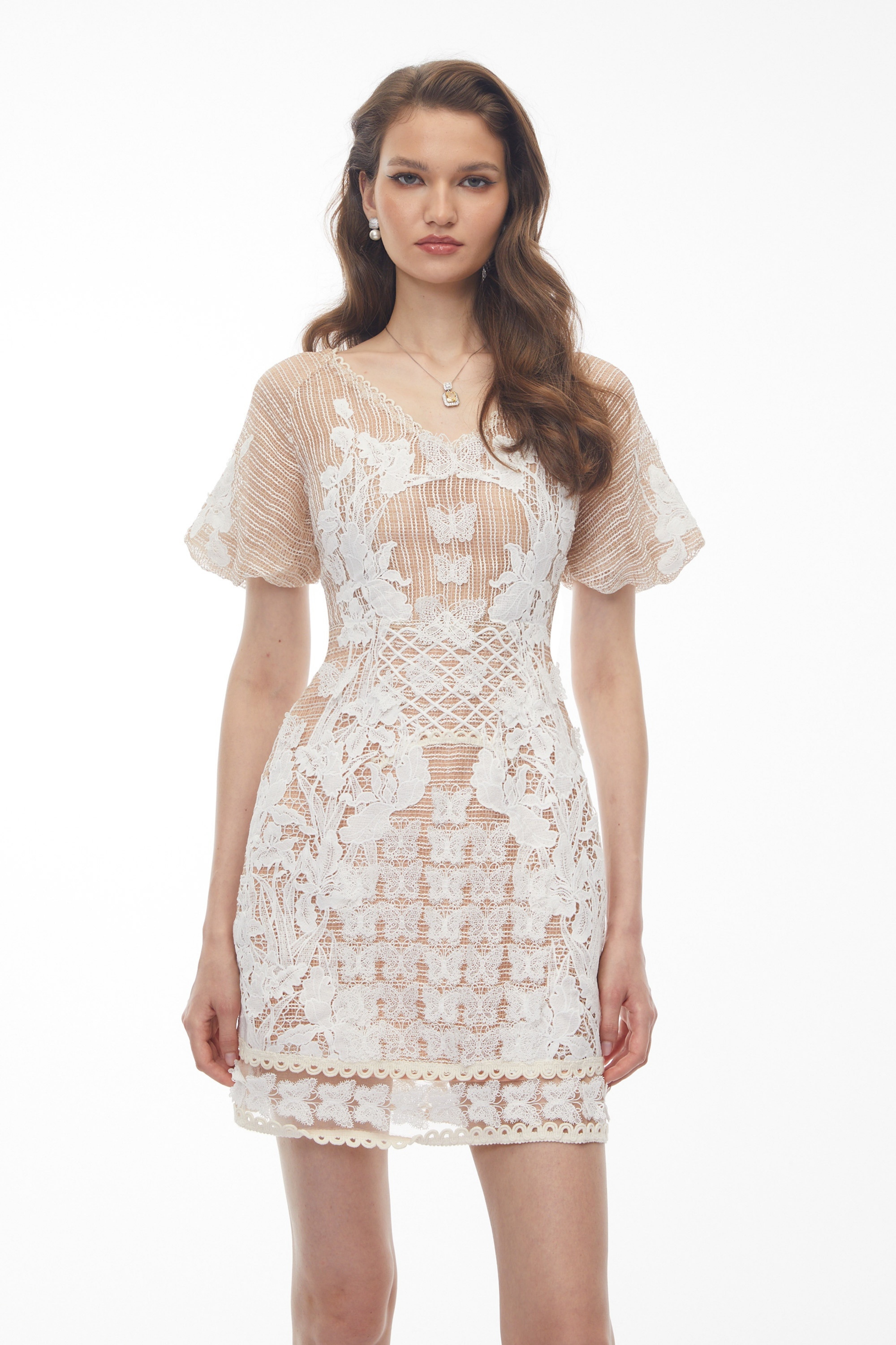 Lace Mini Dress with Butterfly Appliqué