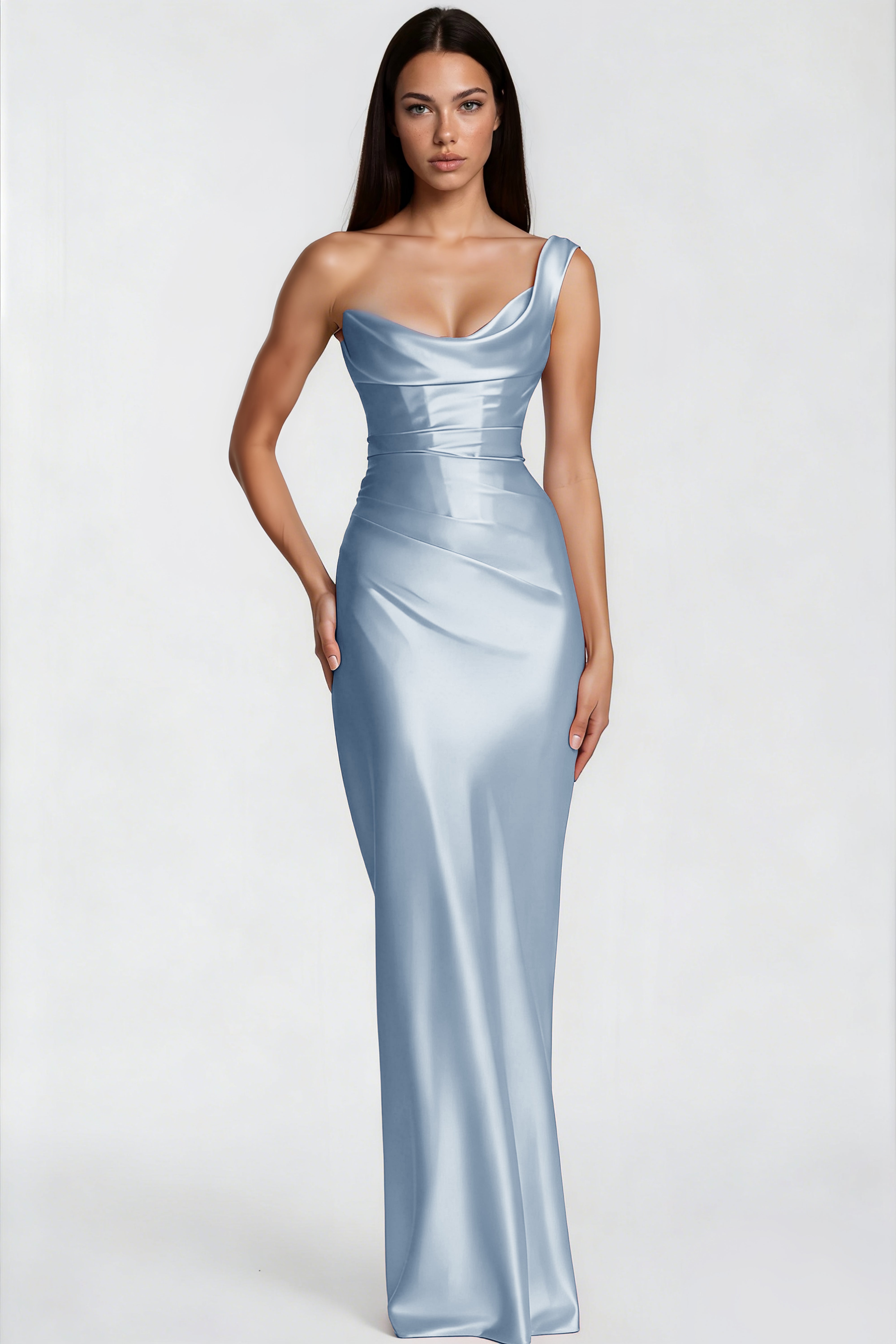 One Shoulder Satin Maxi Dress in Blue