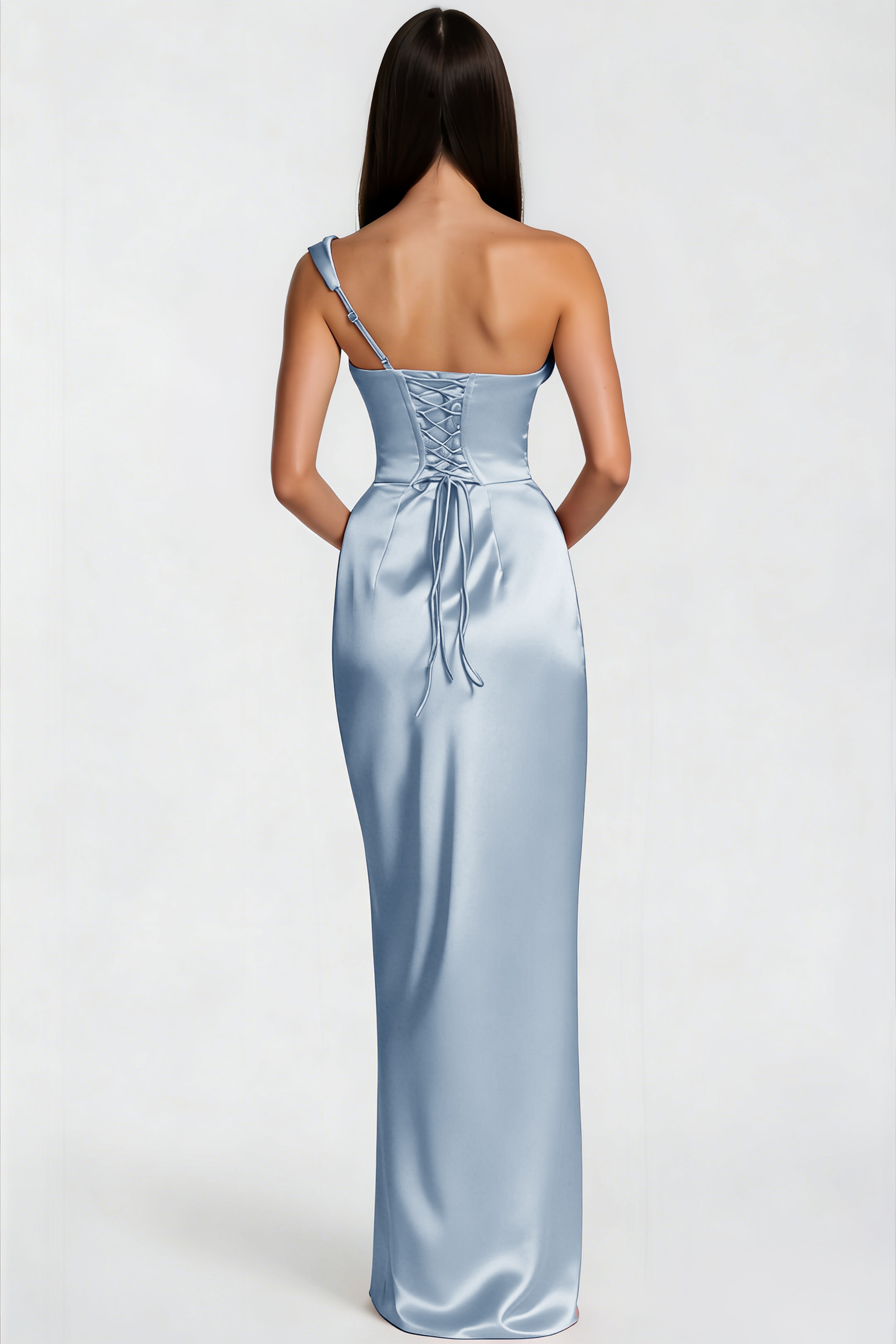 One Shoulder Satin Maxi Dress in Blue
