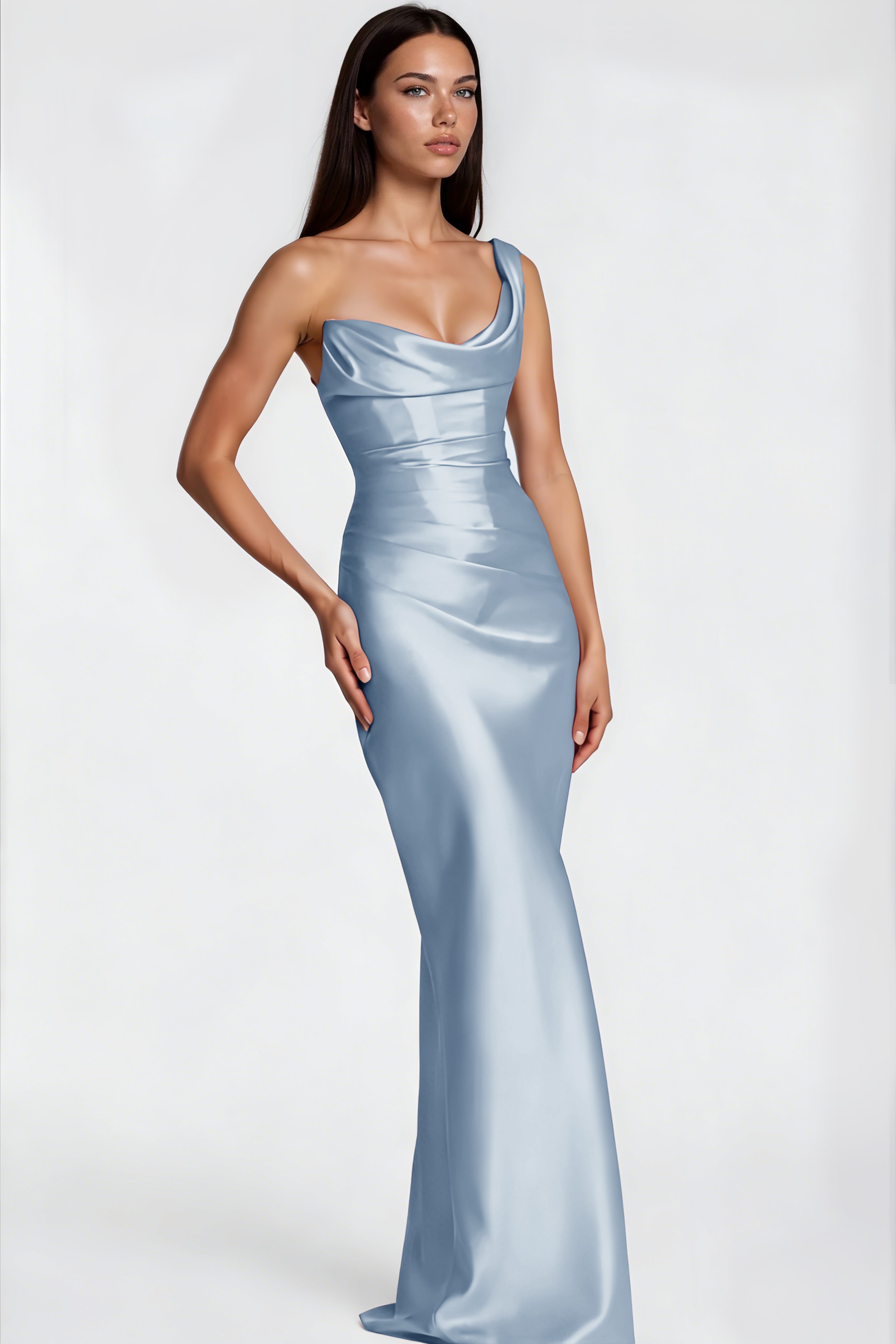 One Shoulder Satin Maxi Dress in Blue