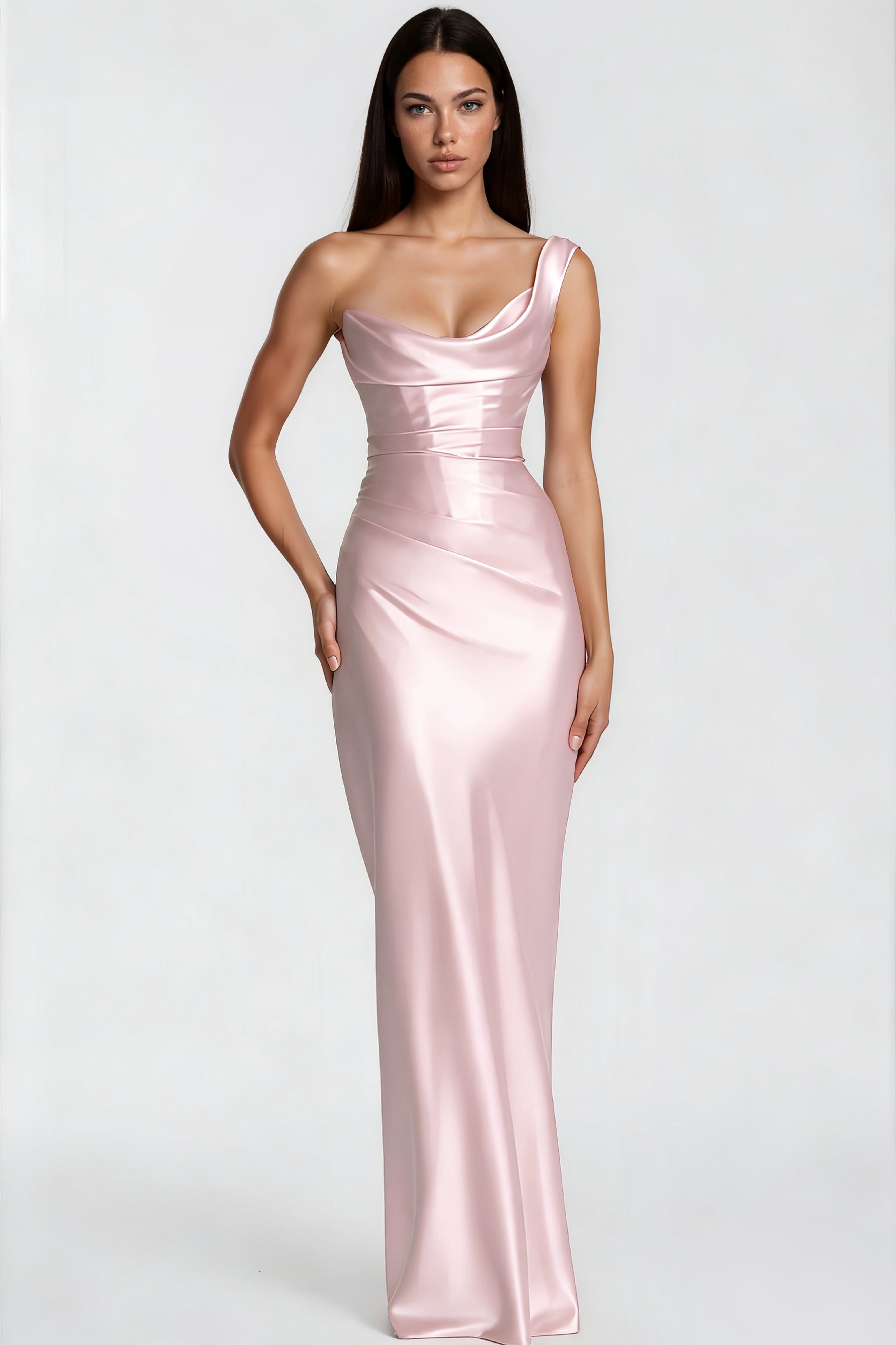 Pink One Shulder Satin Maxi Dress