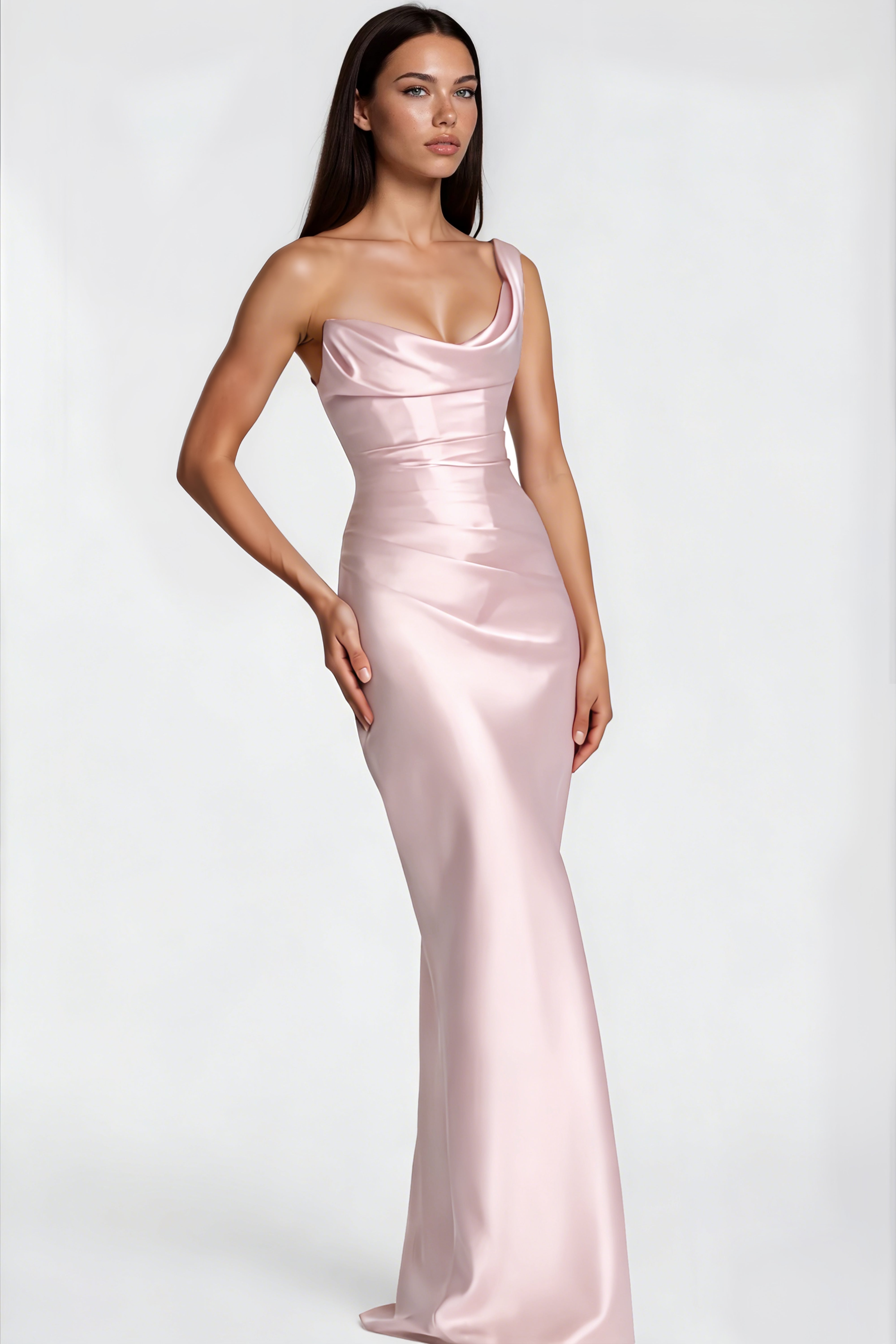 Pink One Shulder Satin Maxi Dress