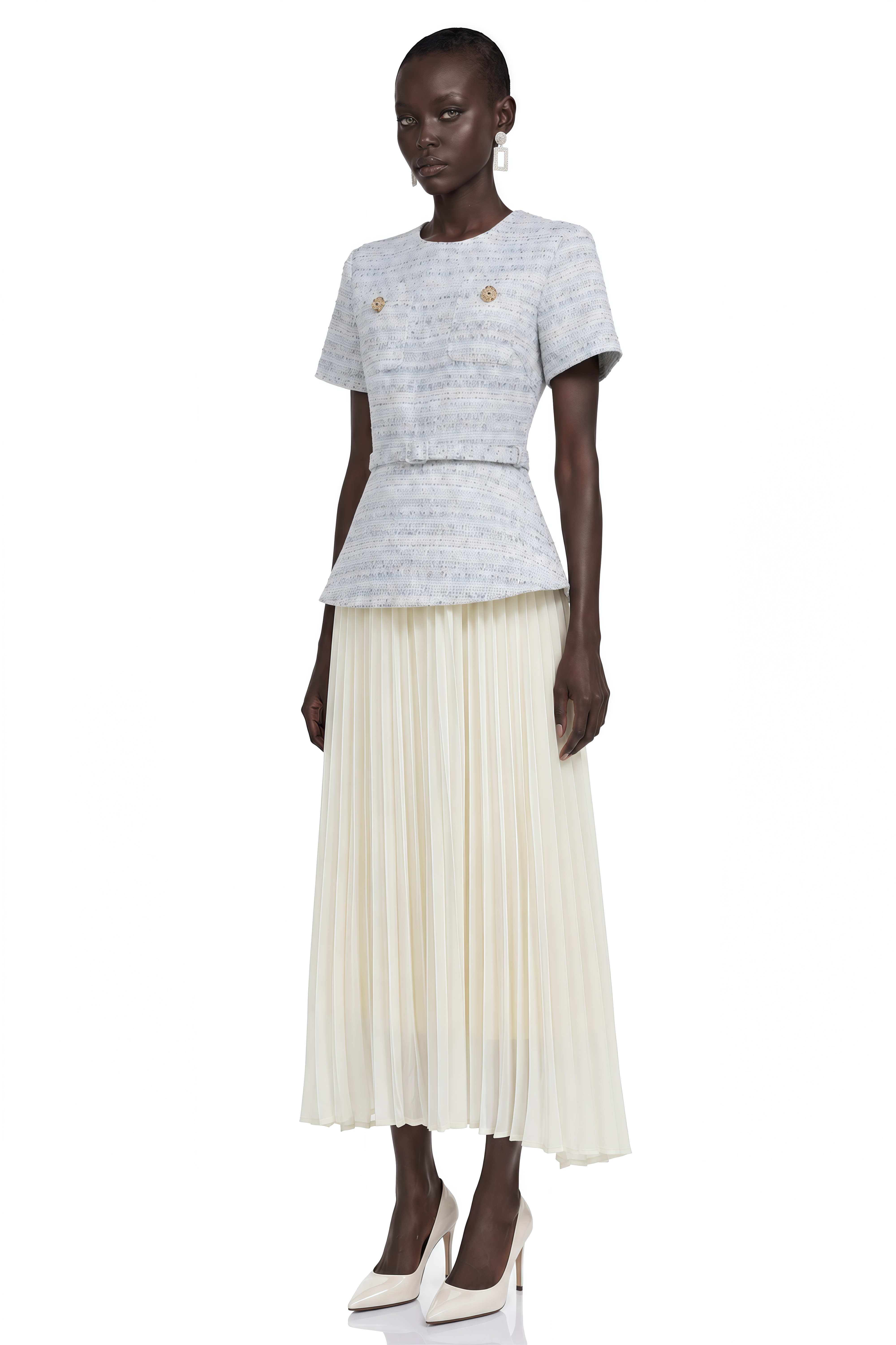 Harlow Blue Tweed Pleated Midi Dress