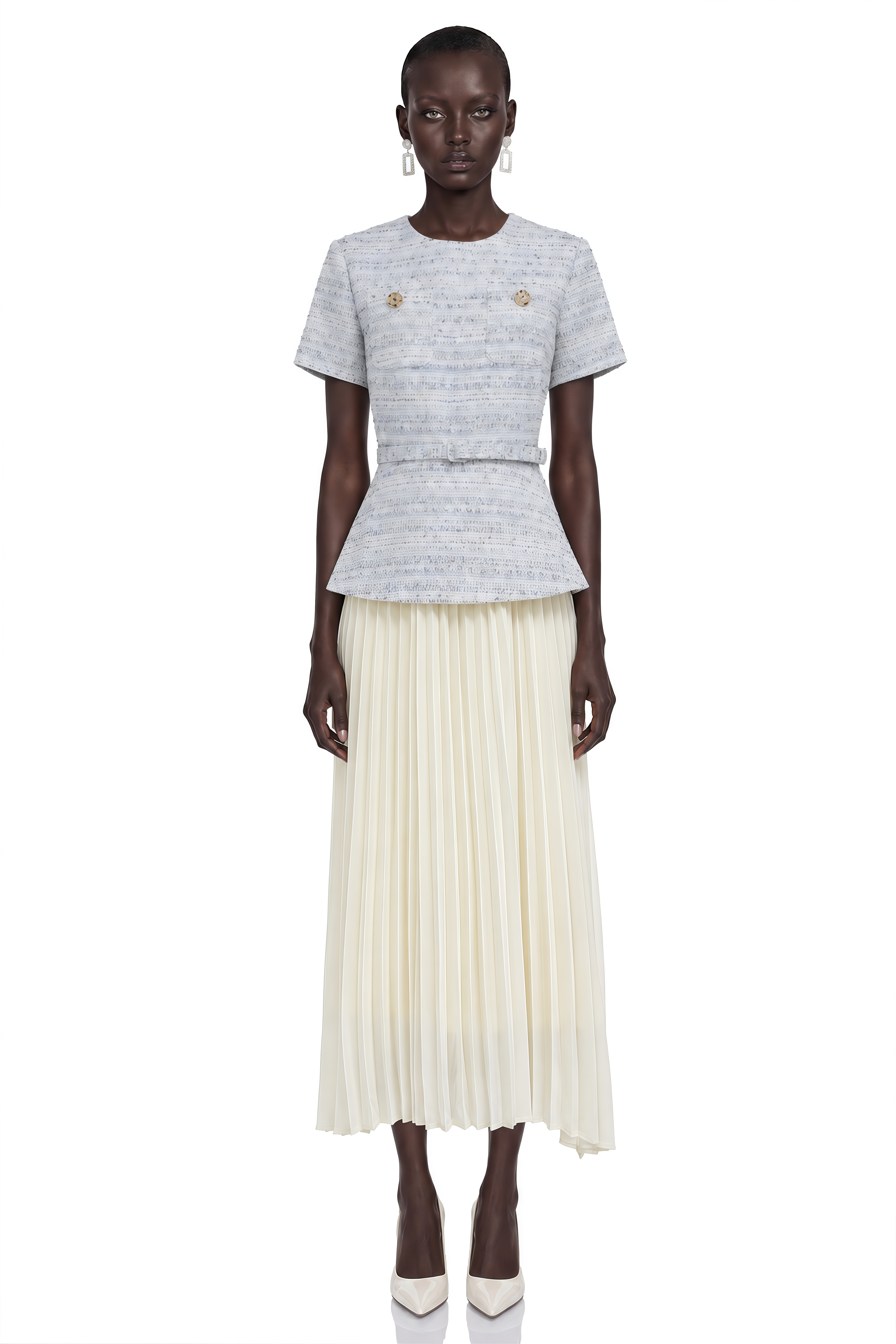 Harlow Blue Tweed Pleated Midi Dress