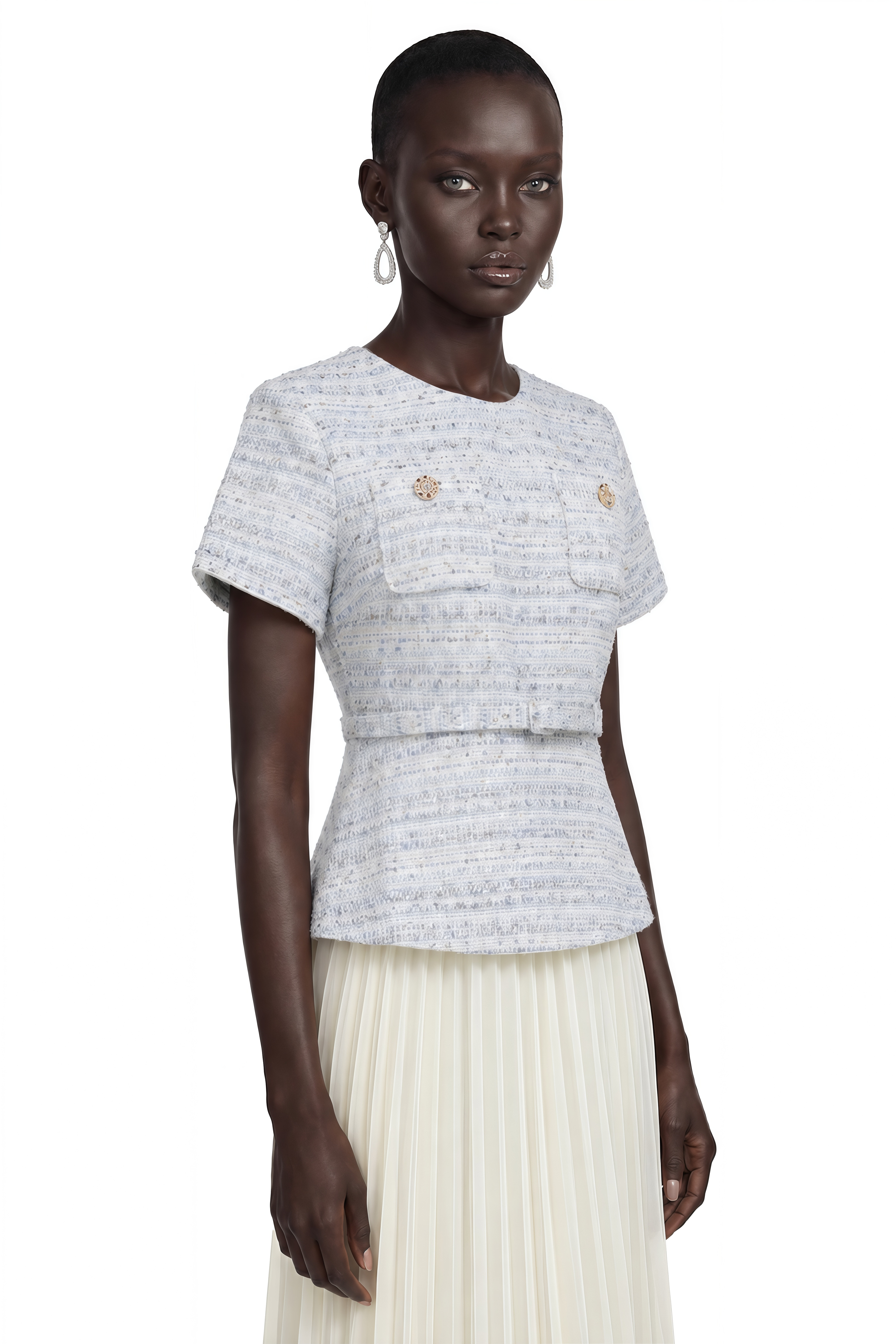 Harlow Blue Tweed Pleated Midi Dress