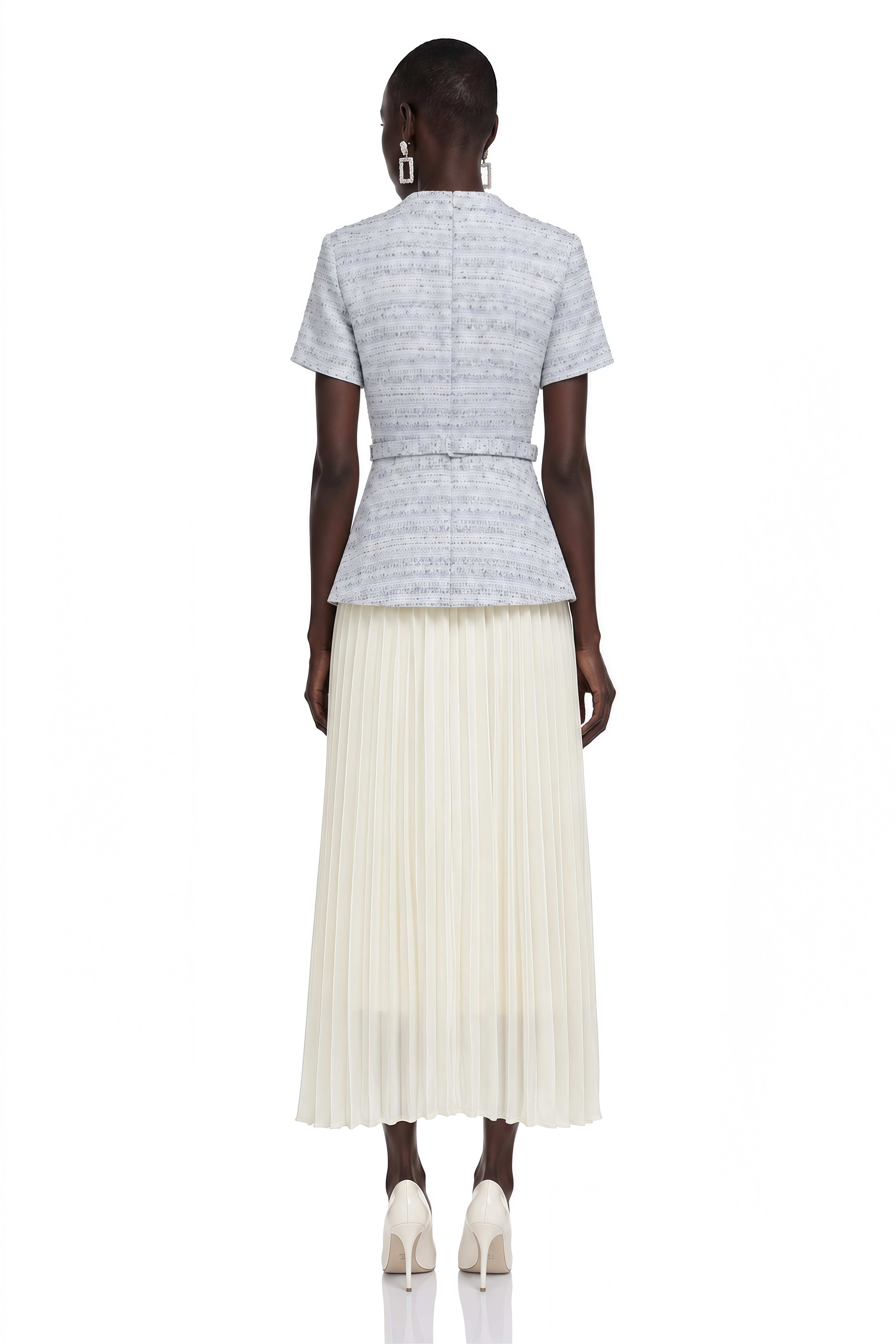 Harlow Blue Tweed Pleated Midi Dress