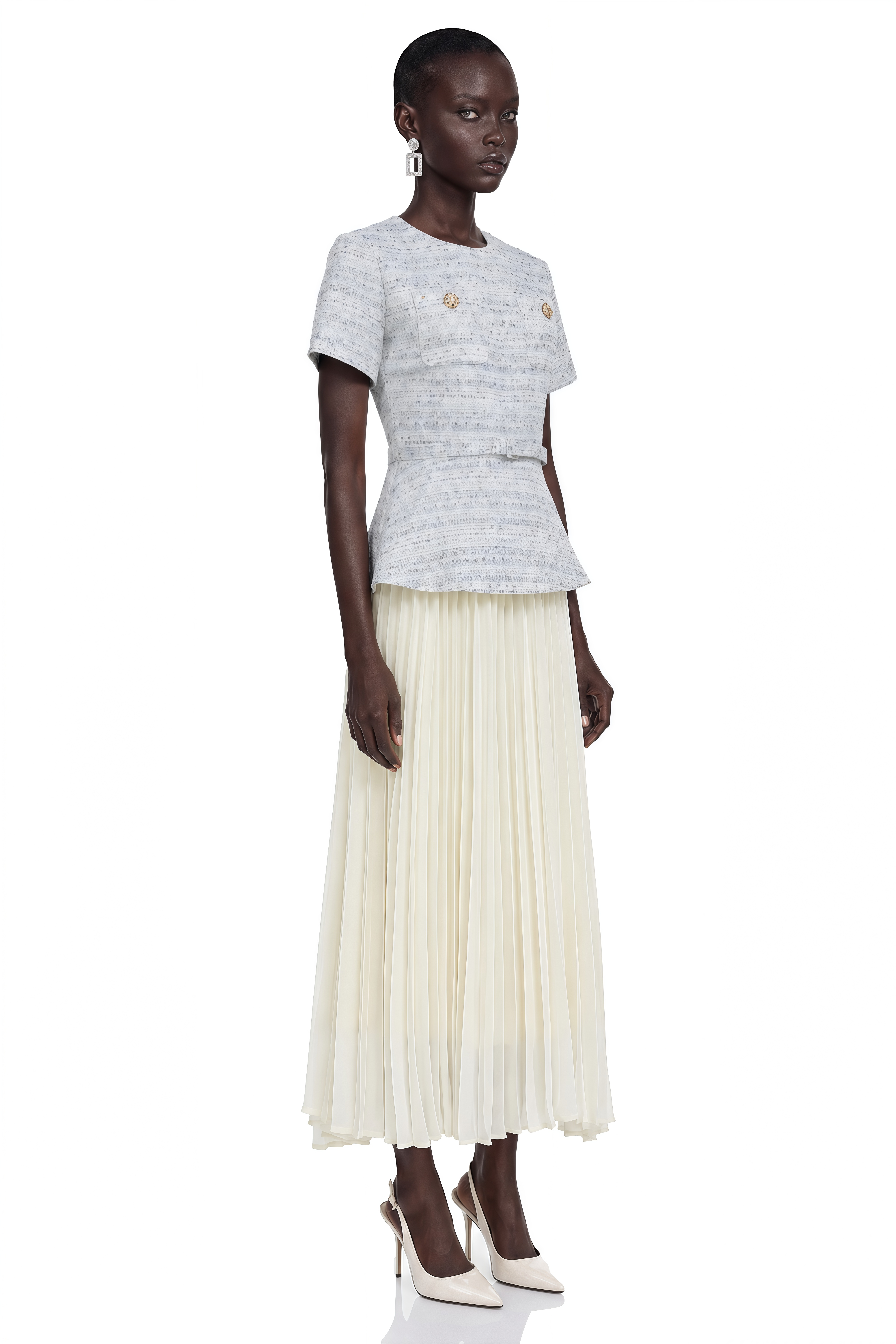 Harlow Blue Tweed Pleated Midi Dress