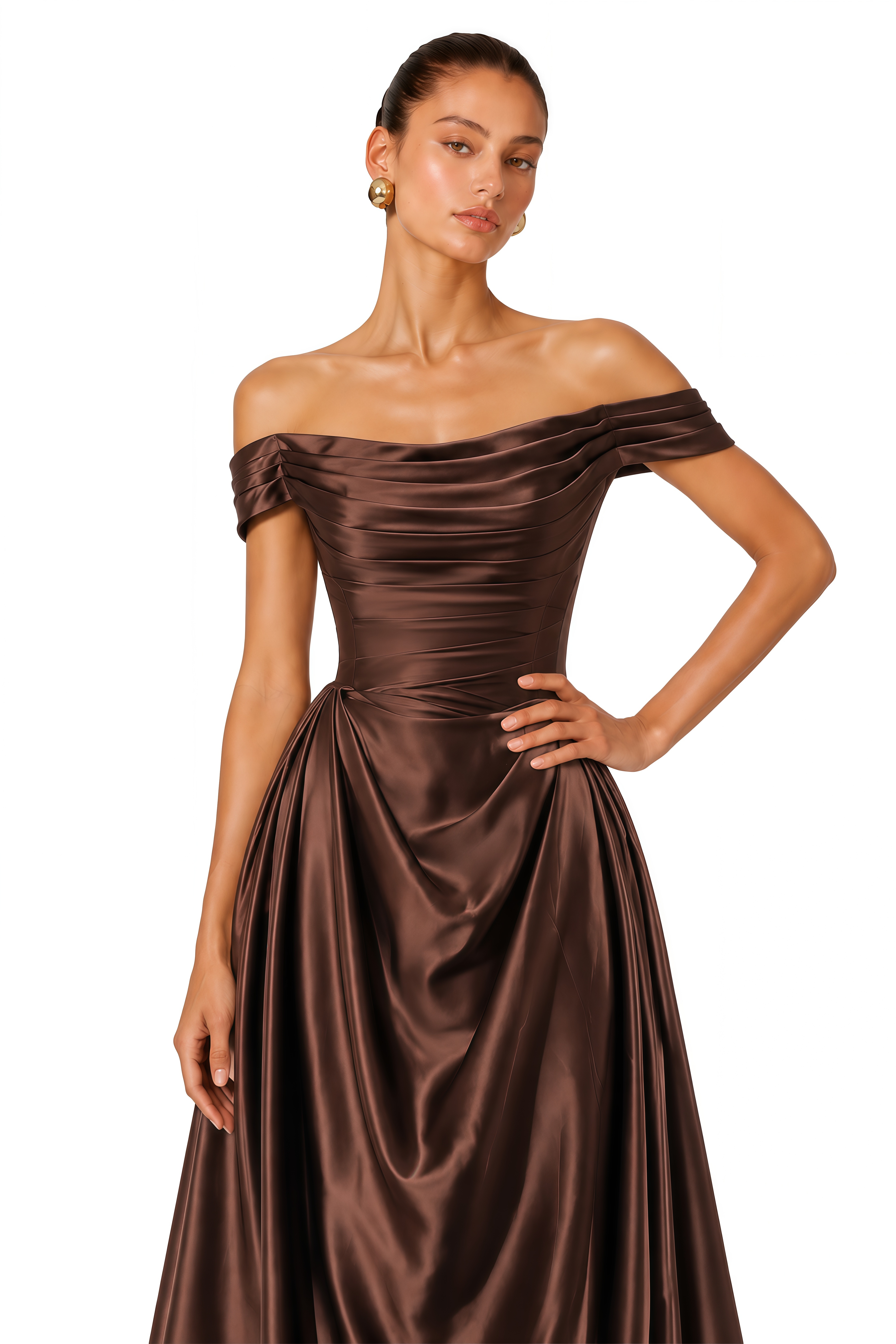 Harlow Brown Off Shoulder Draped Satin Maxi Dress