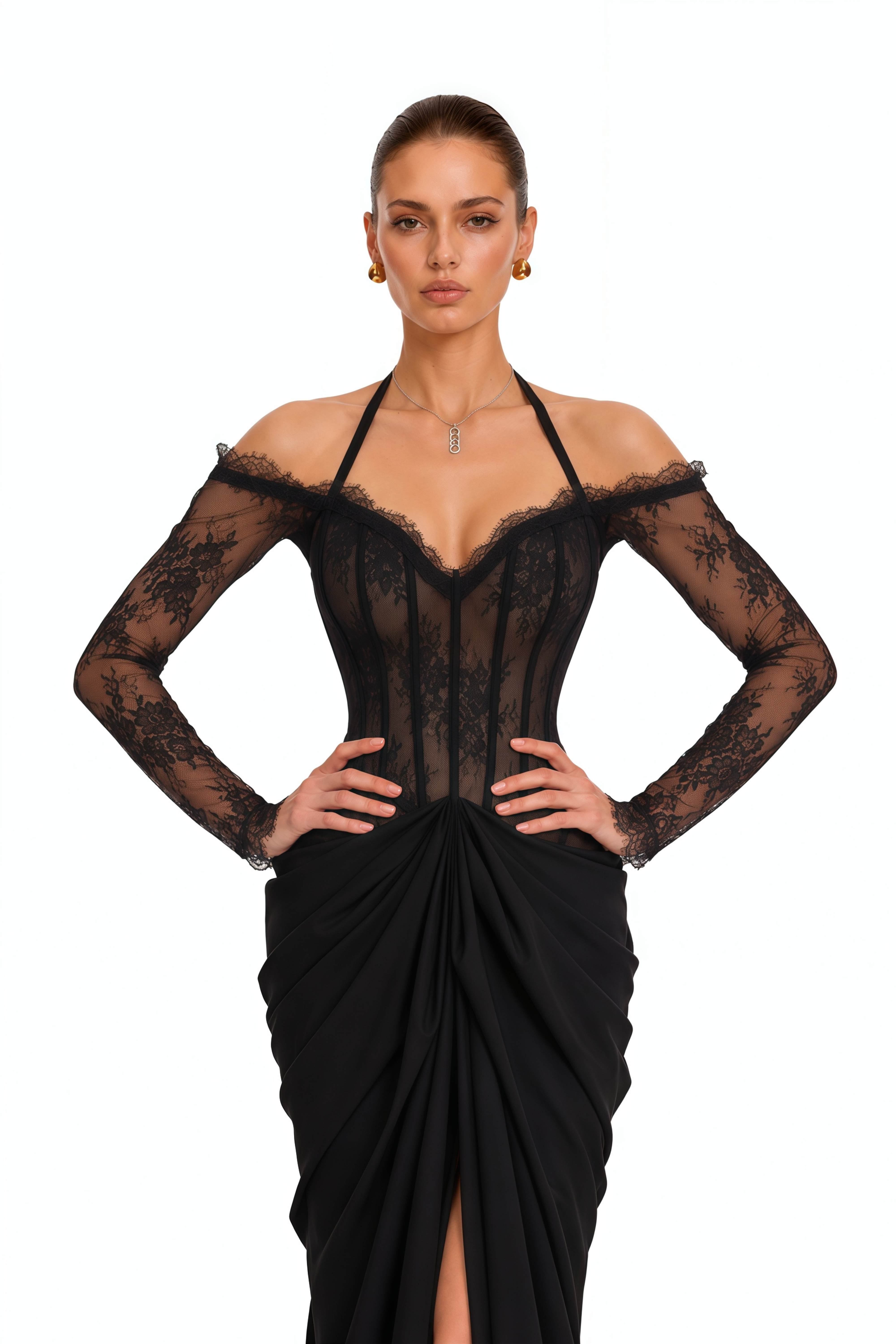 Harriet Black Lace Corset Long Sleeve Maxi Dress