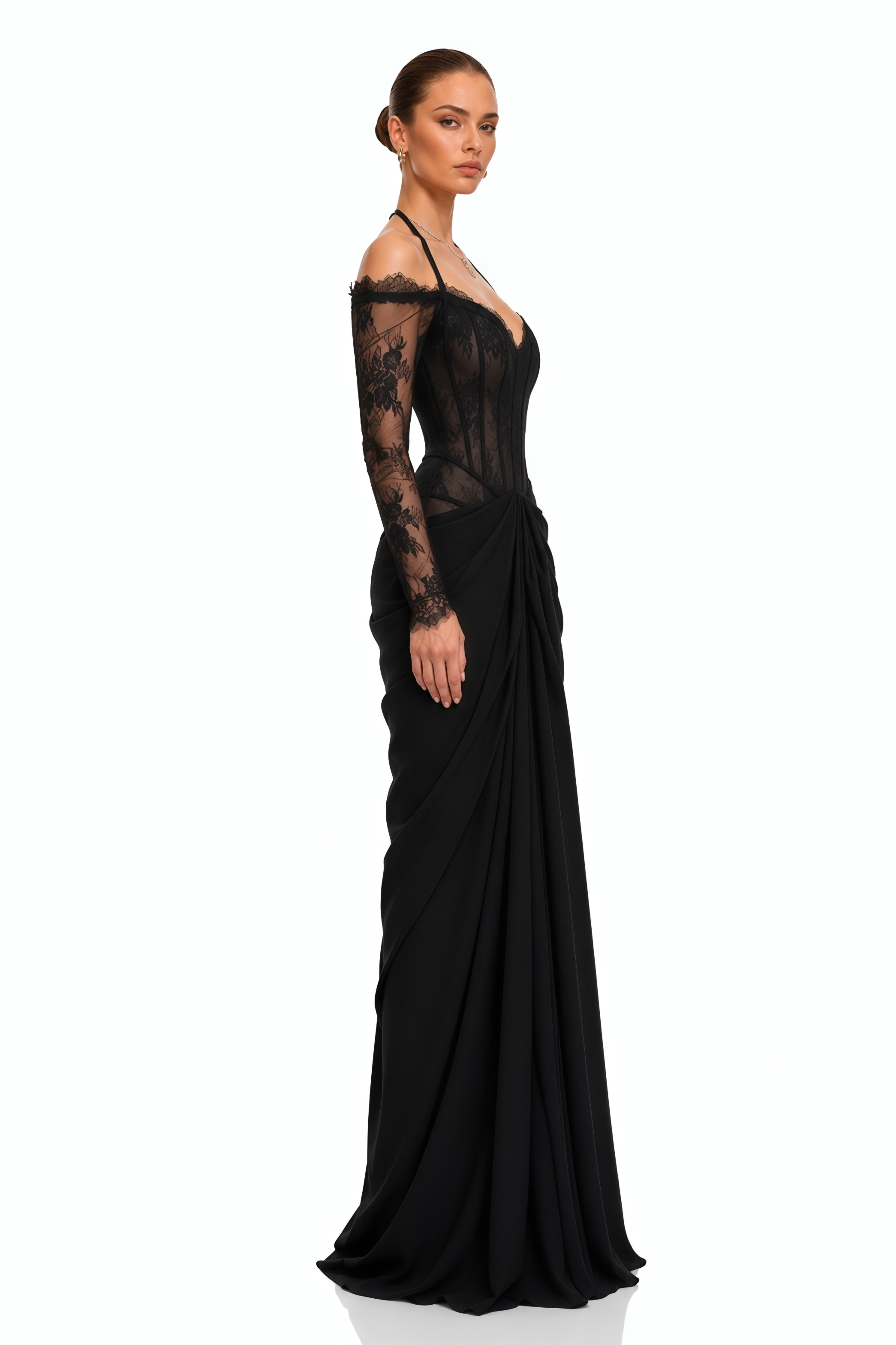 Harriet Black Lace Corset Long Sleeve Maxi Dress