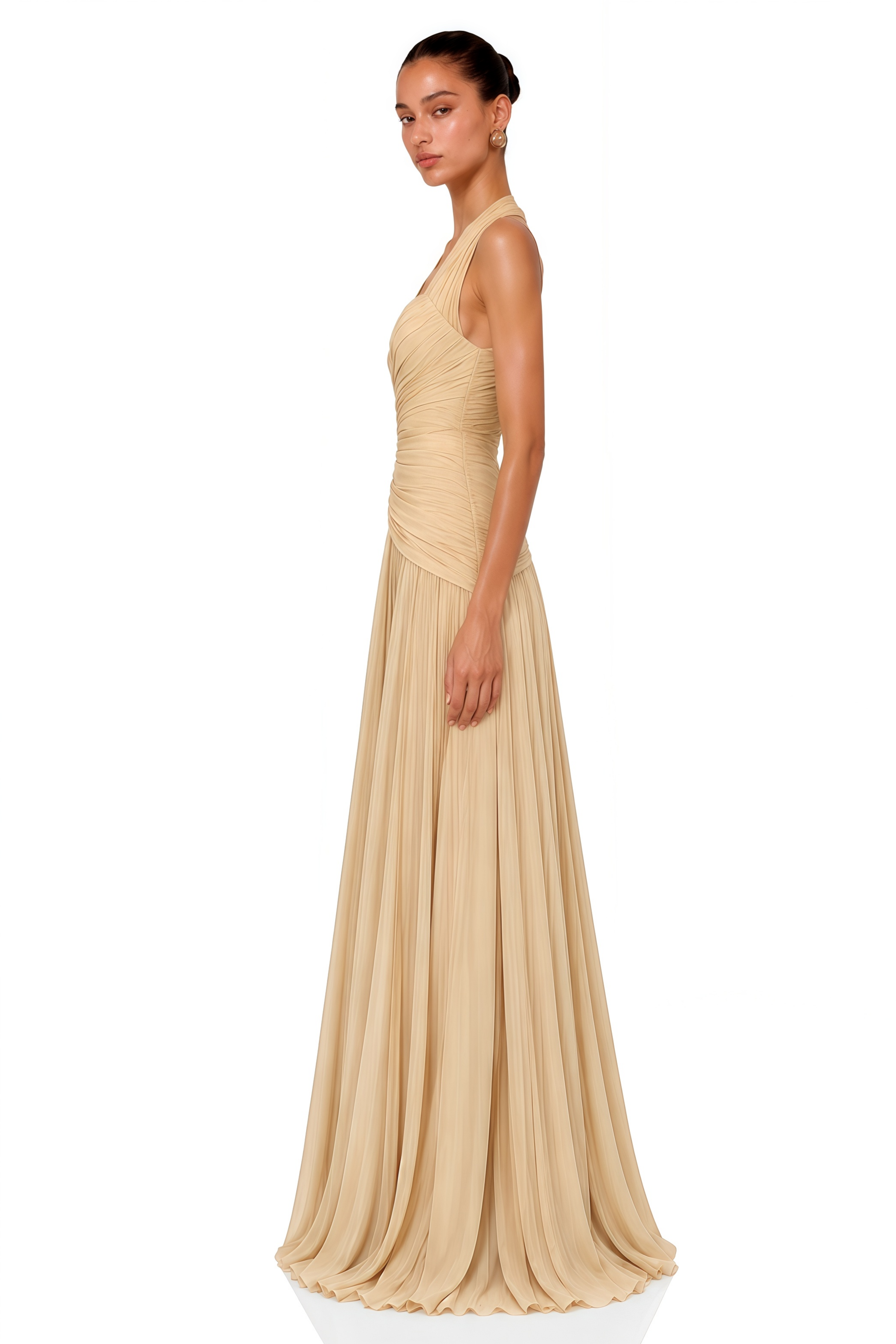 Harriet Neutral Halterneck Pleated Maxi Dress with Slit