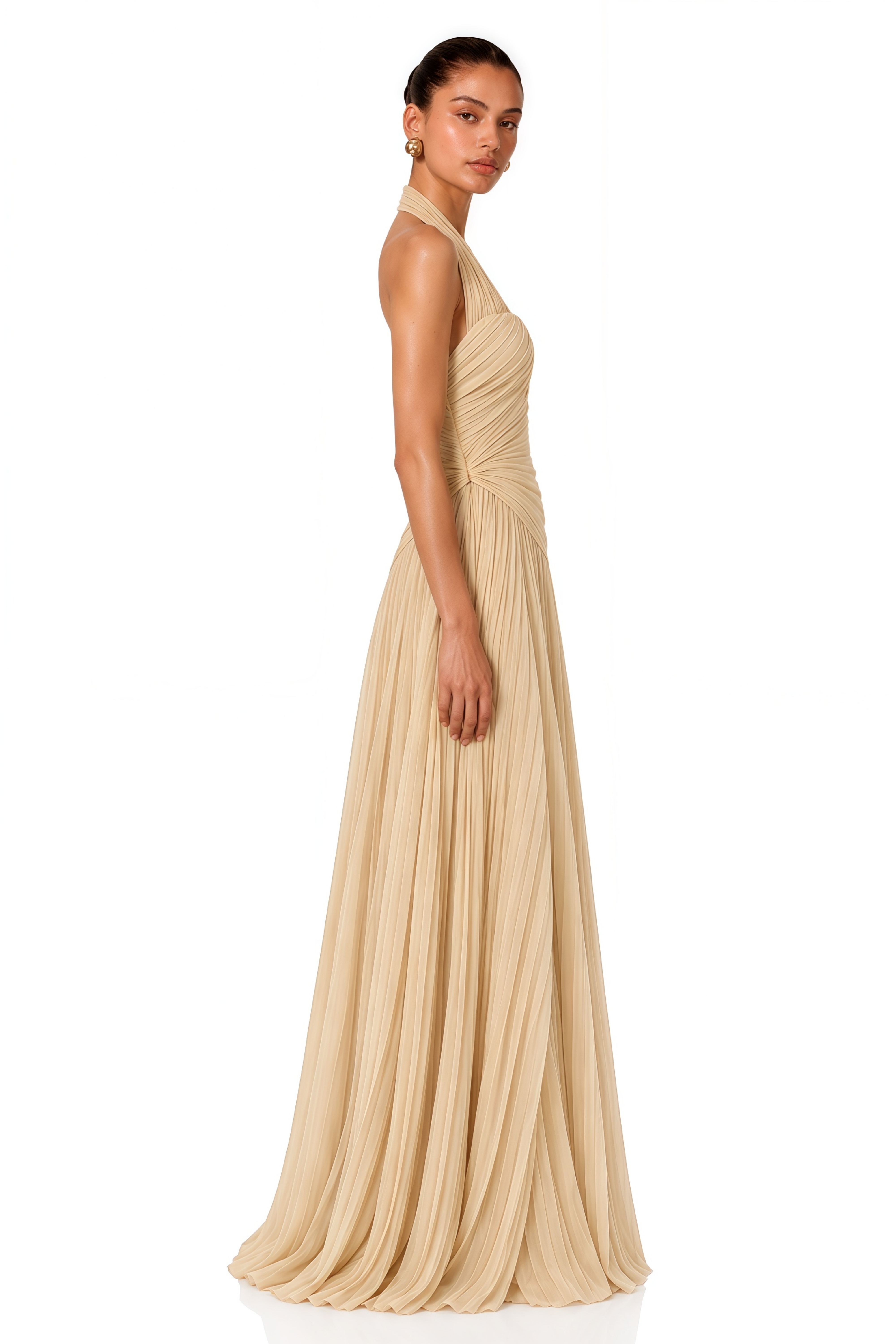 Harriet Neutral Halterneck Pleated Maxi Dress with Slit
