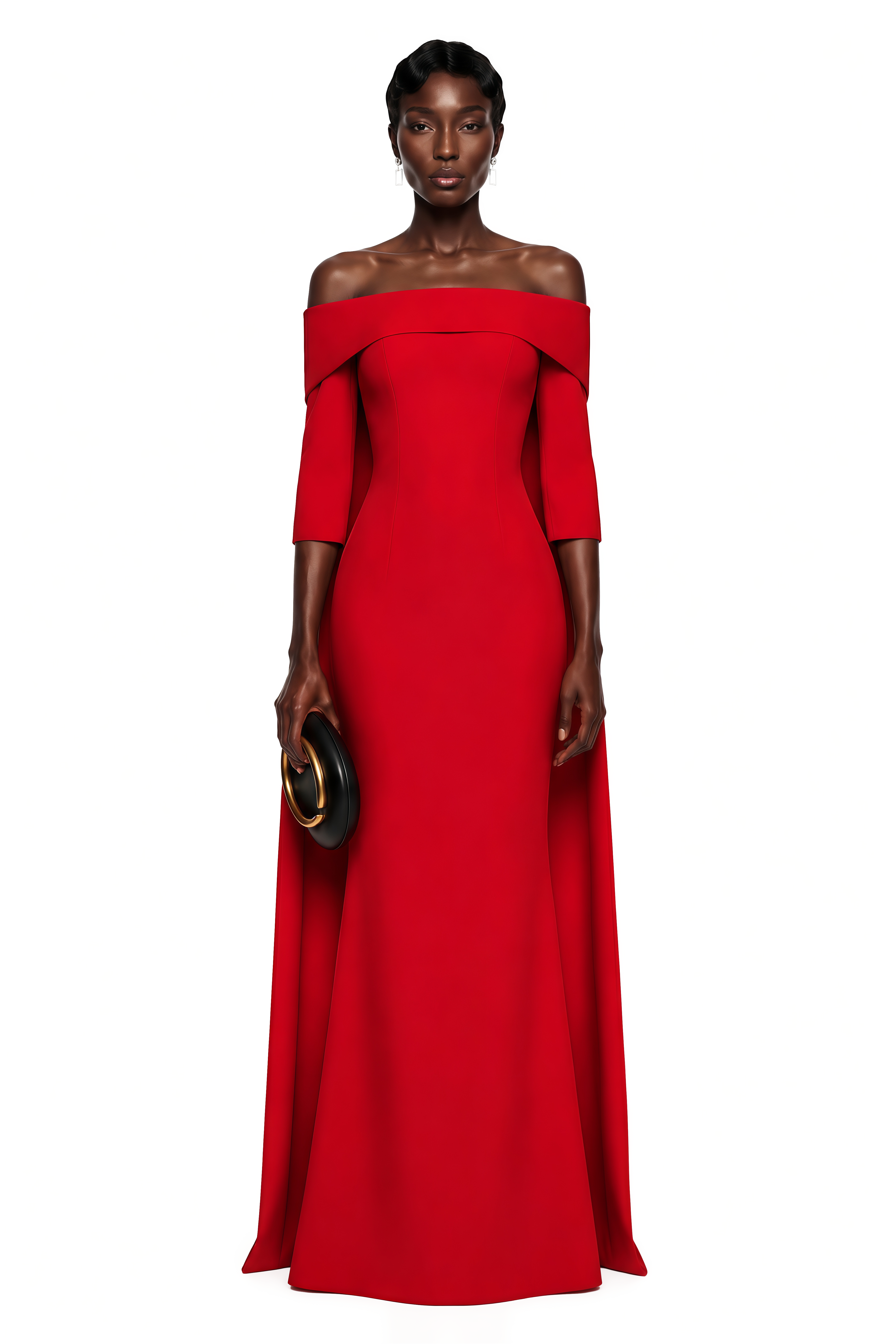 Red off-the-shoulder maxi gown with elbow sleeves and cape