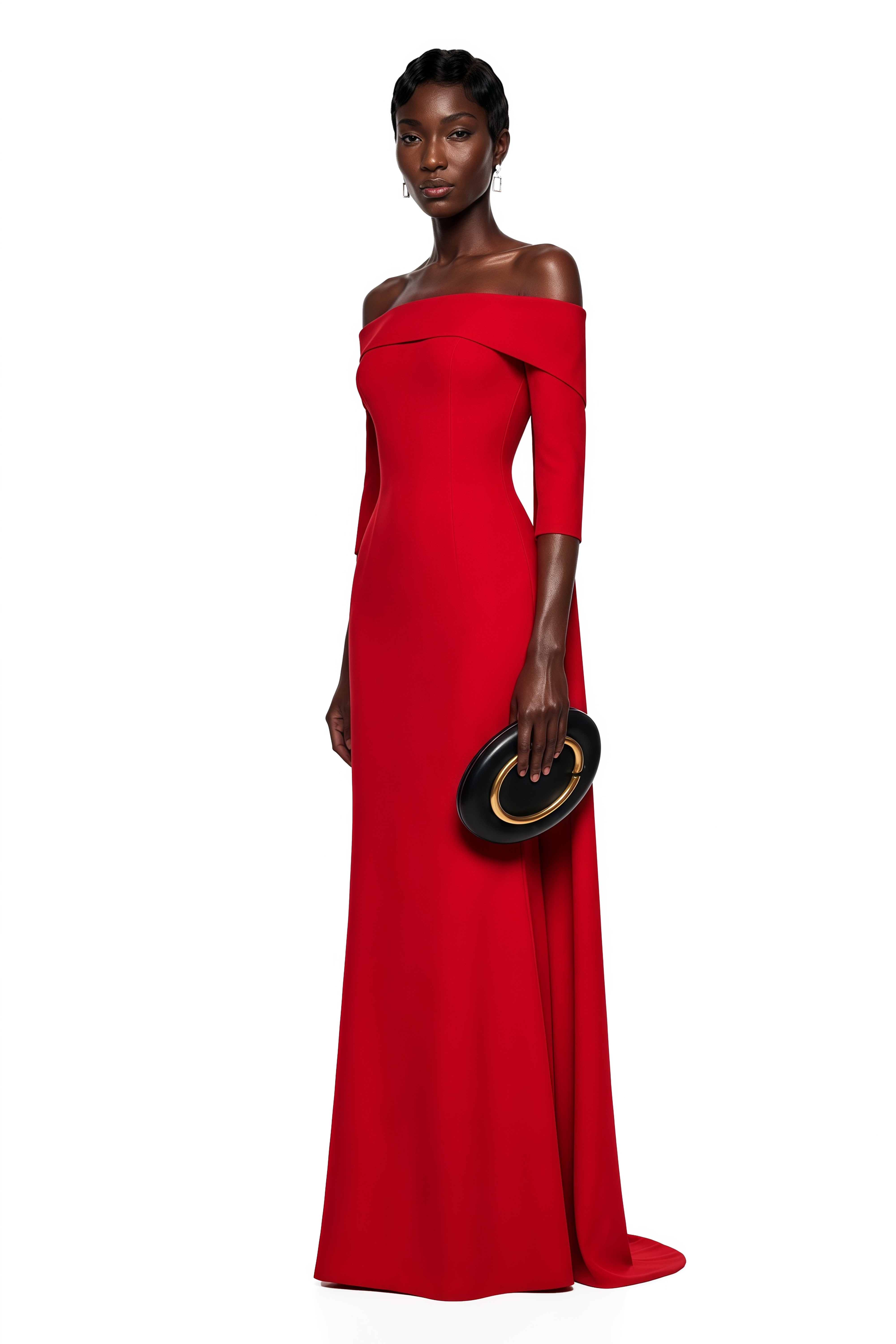Red off-the-shoulder maxi gown with elbow sleeves and cape