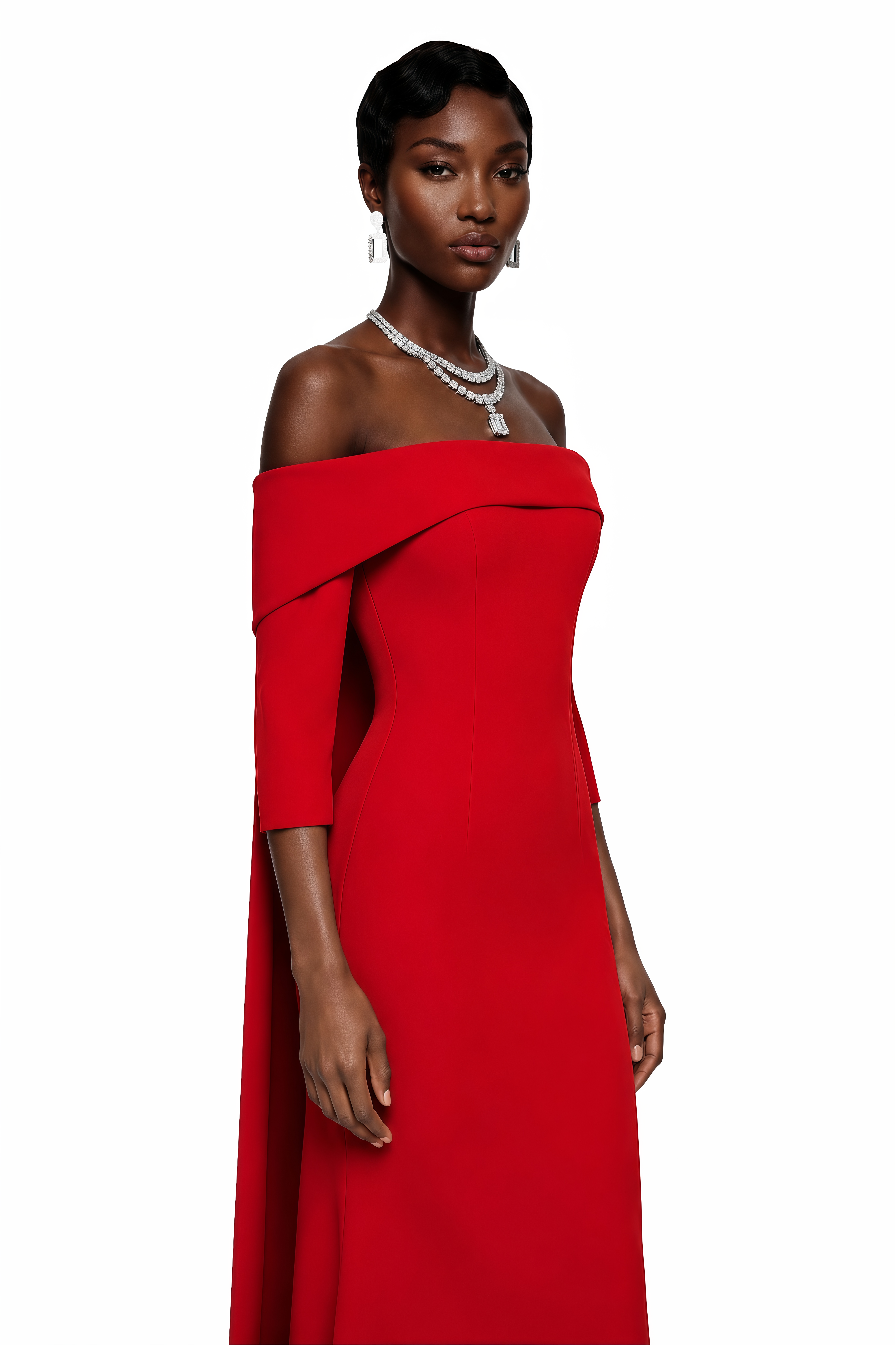 Red off-the-shoulder maxi gown with elbow sleeves and cape