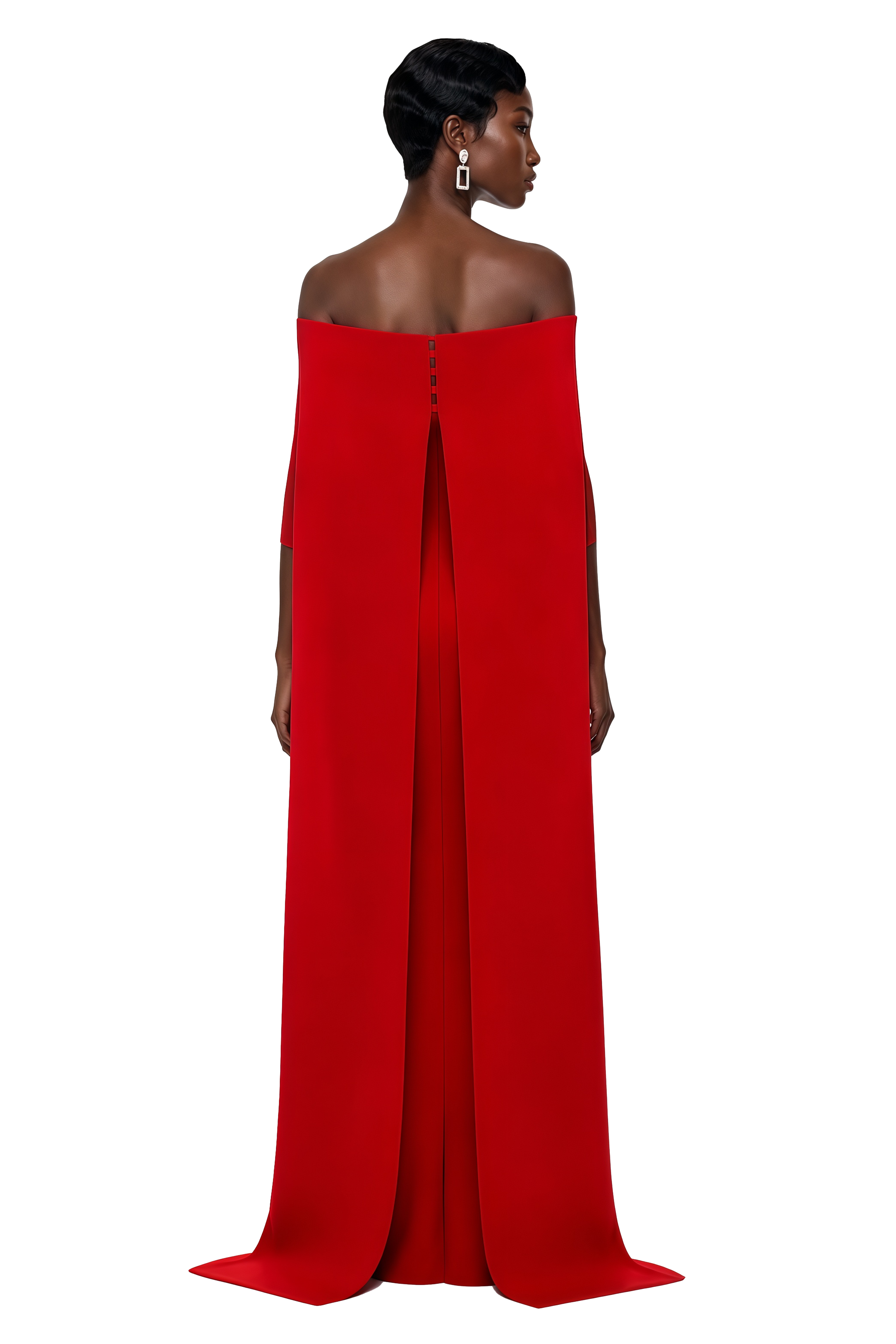 Red off-the-shoulder maxi gown with elbow sleeves and cape