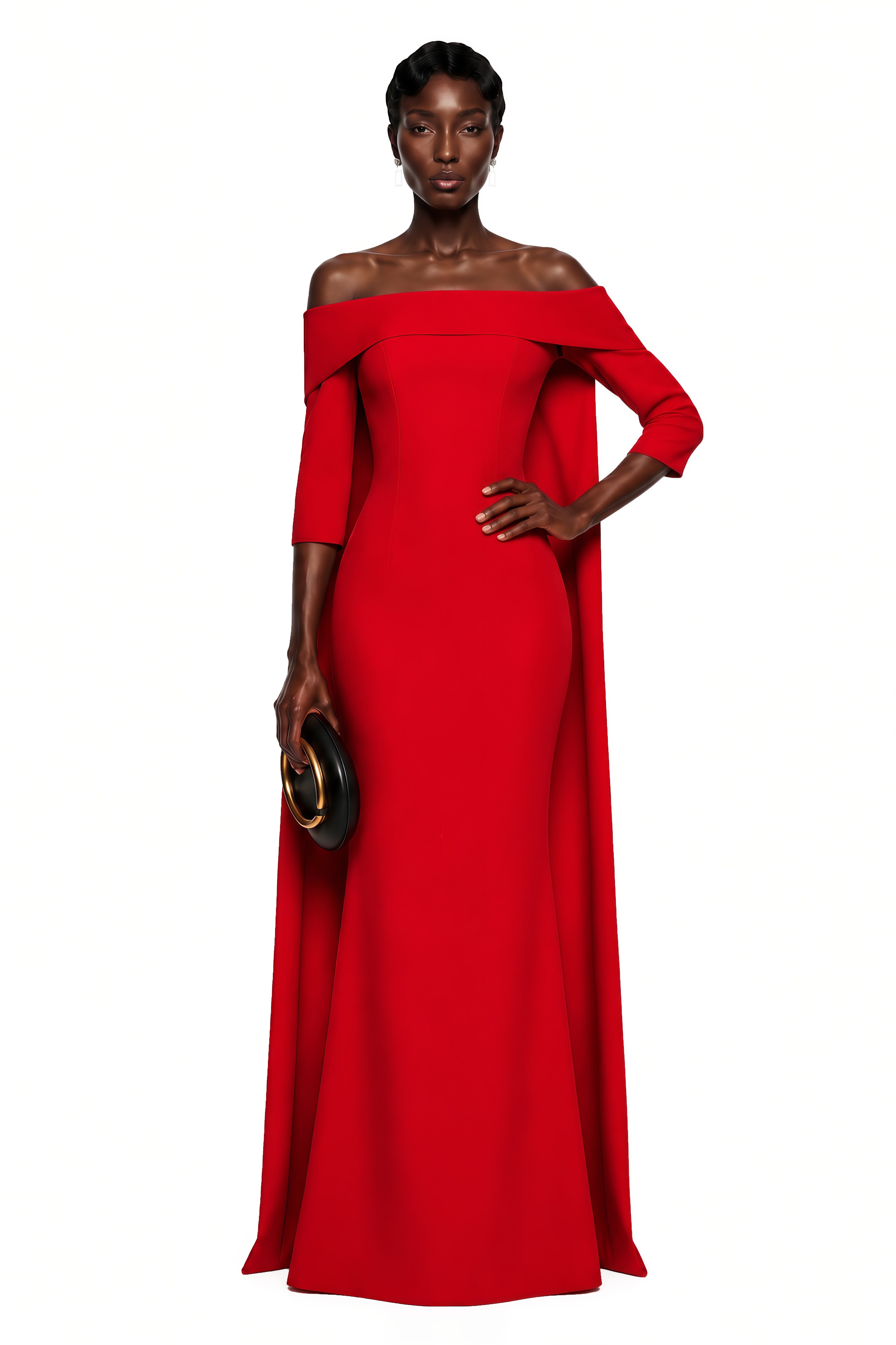 Red off-the-shoulder maxi gown with elbow sleeves and cape
