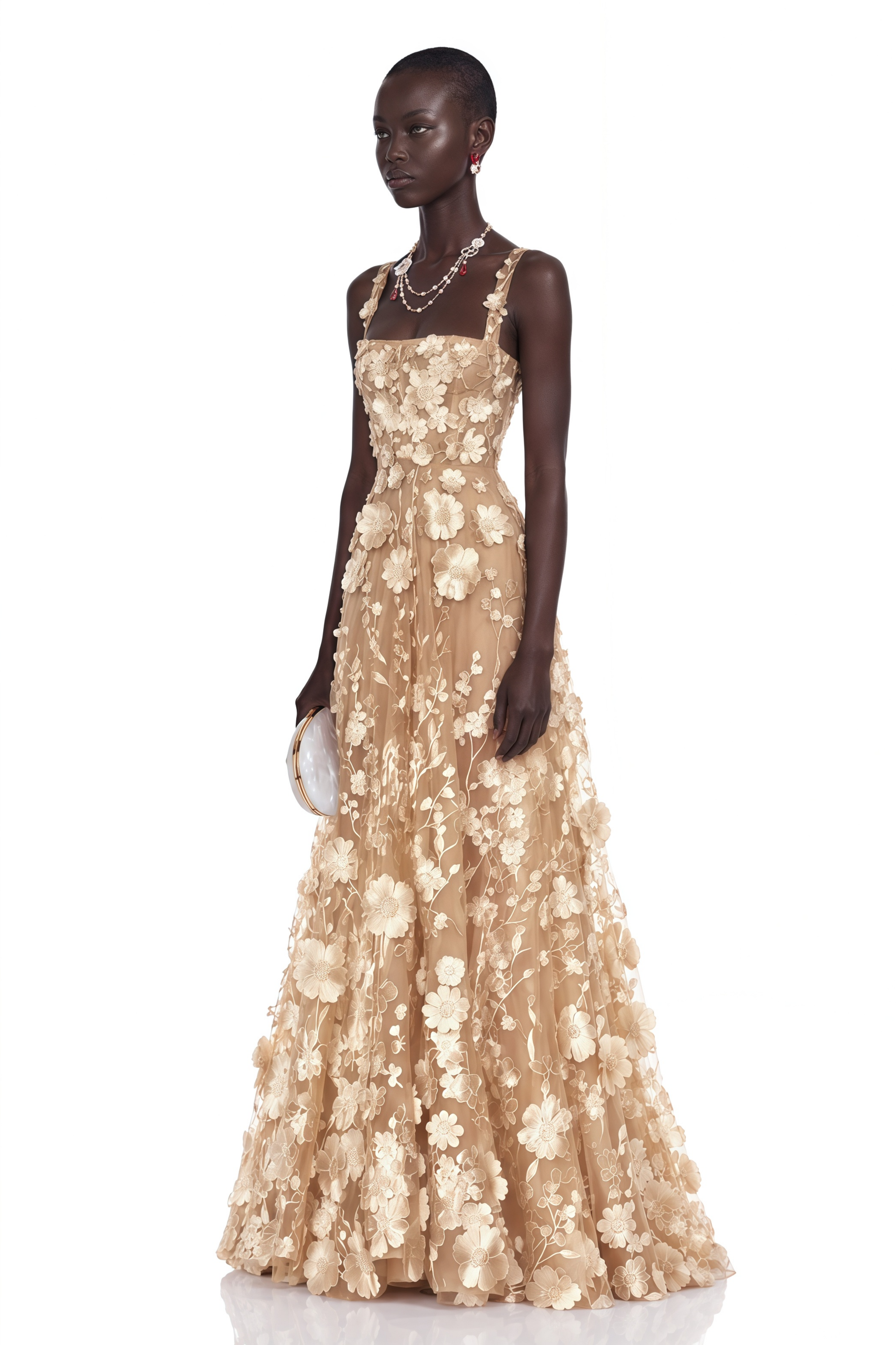 Haylin Neutral 3D Floral Applique Spaghetti Strap Maxi Dress