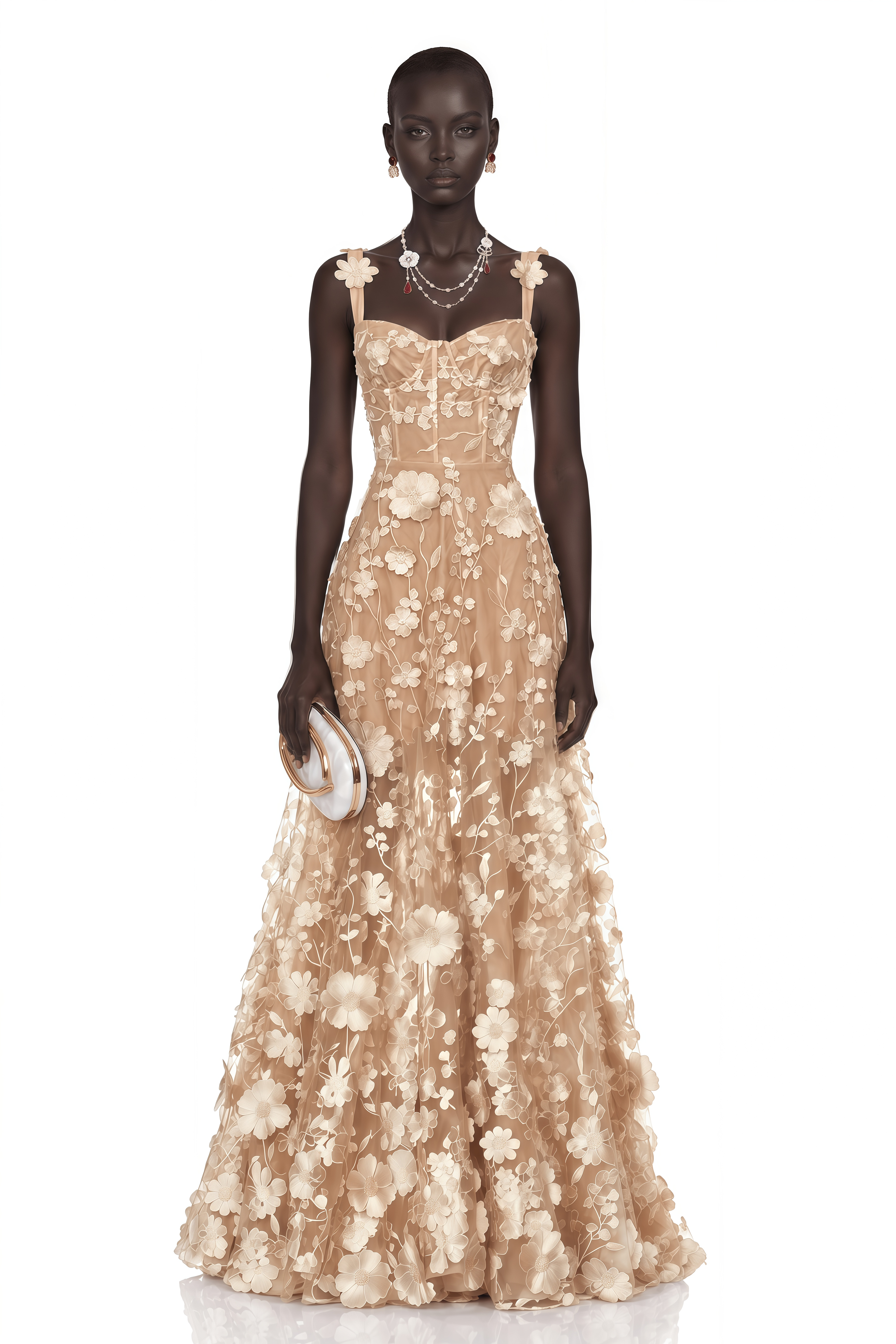 Haylin Neutral 3D Floral Applique Spaghetti Strap Maxi Dress