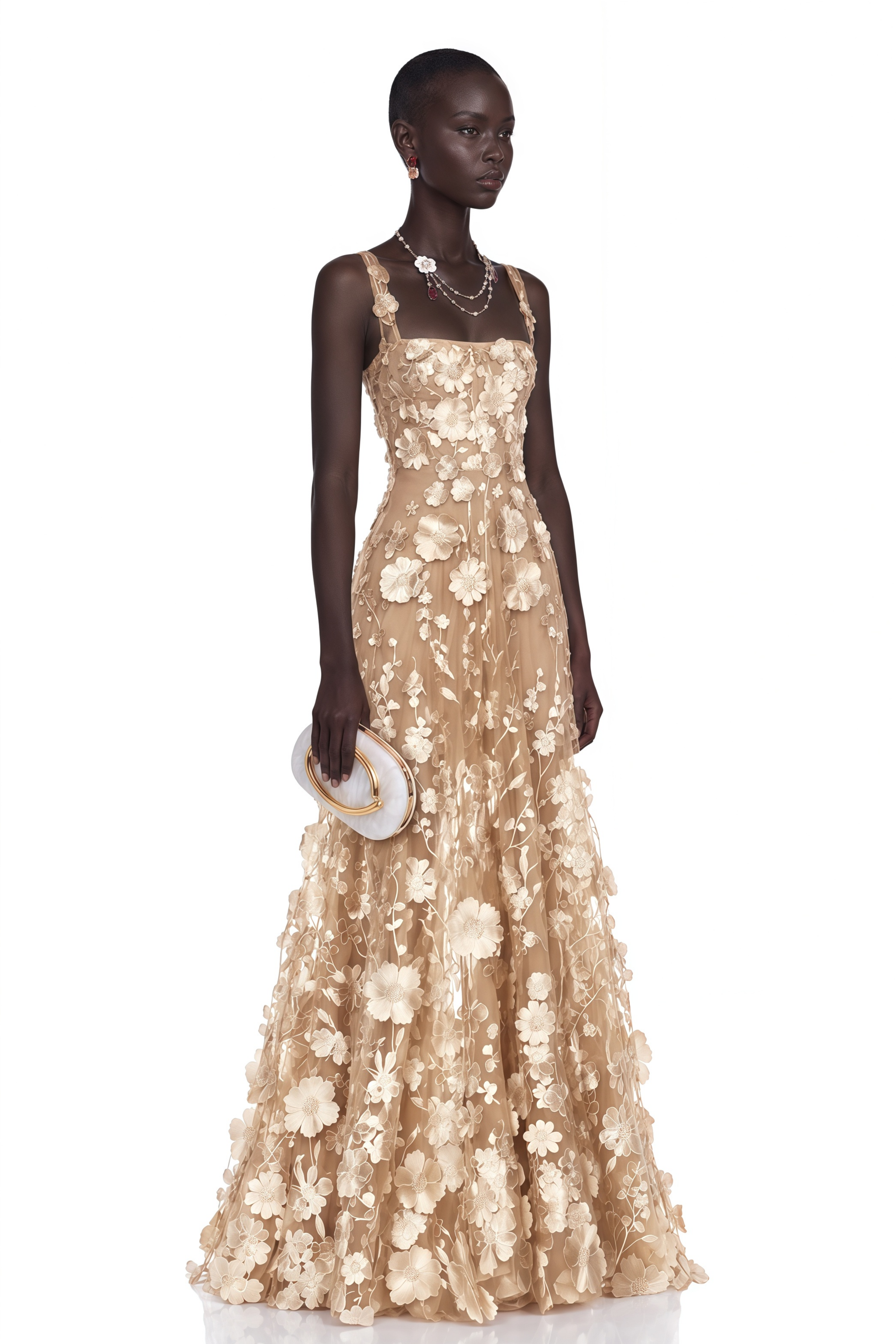 Haylin Neutral 3D Floral Applique Spaghetti Strap Maxi Dress
