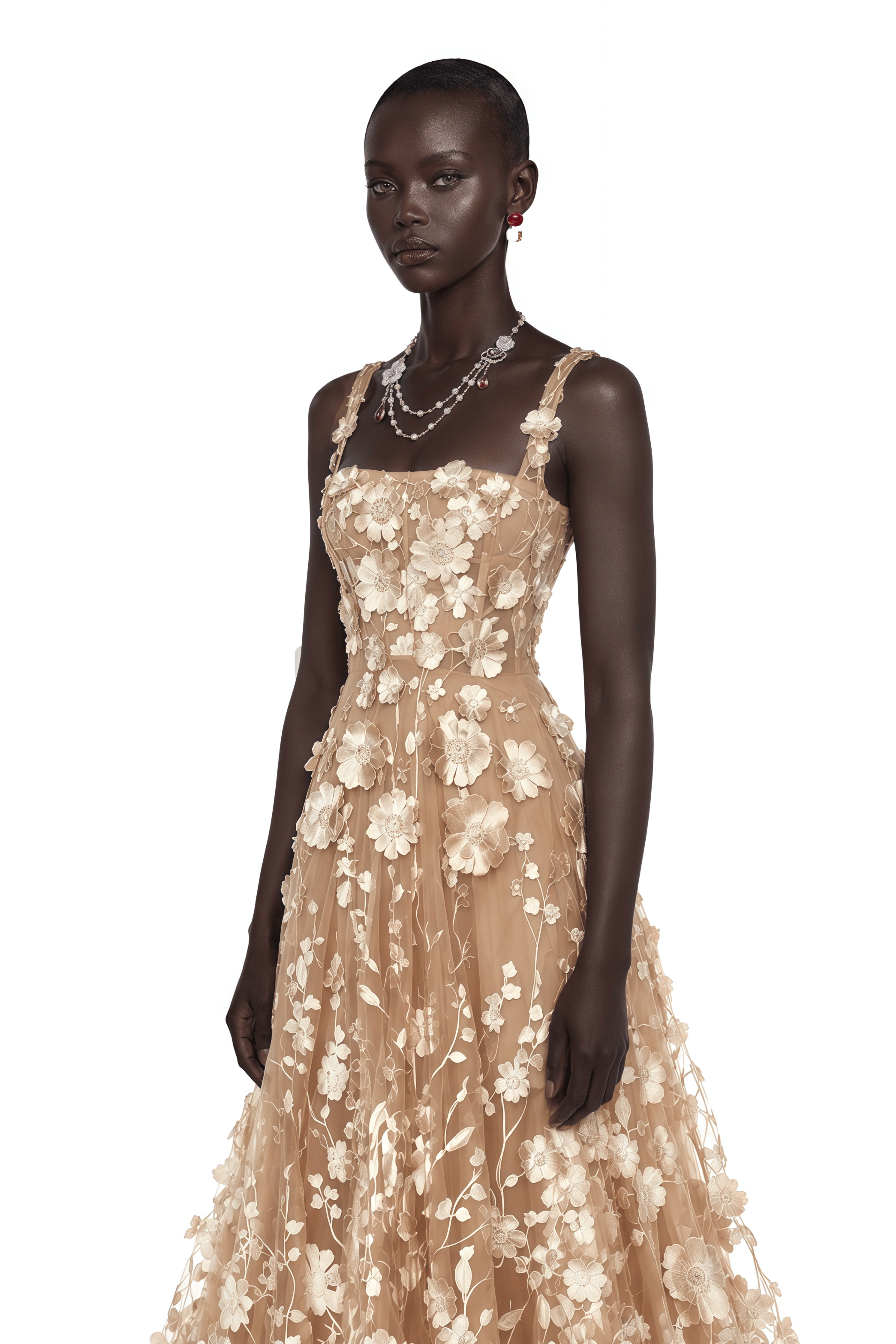 Haylin Neutral 3D Floral Applique Spaghetti Strap Maxi Dress