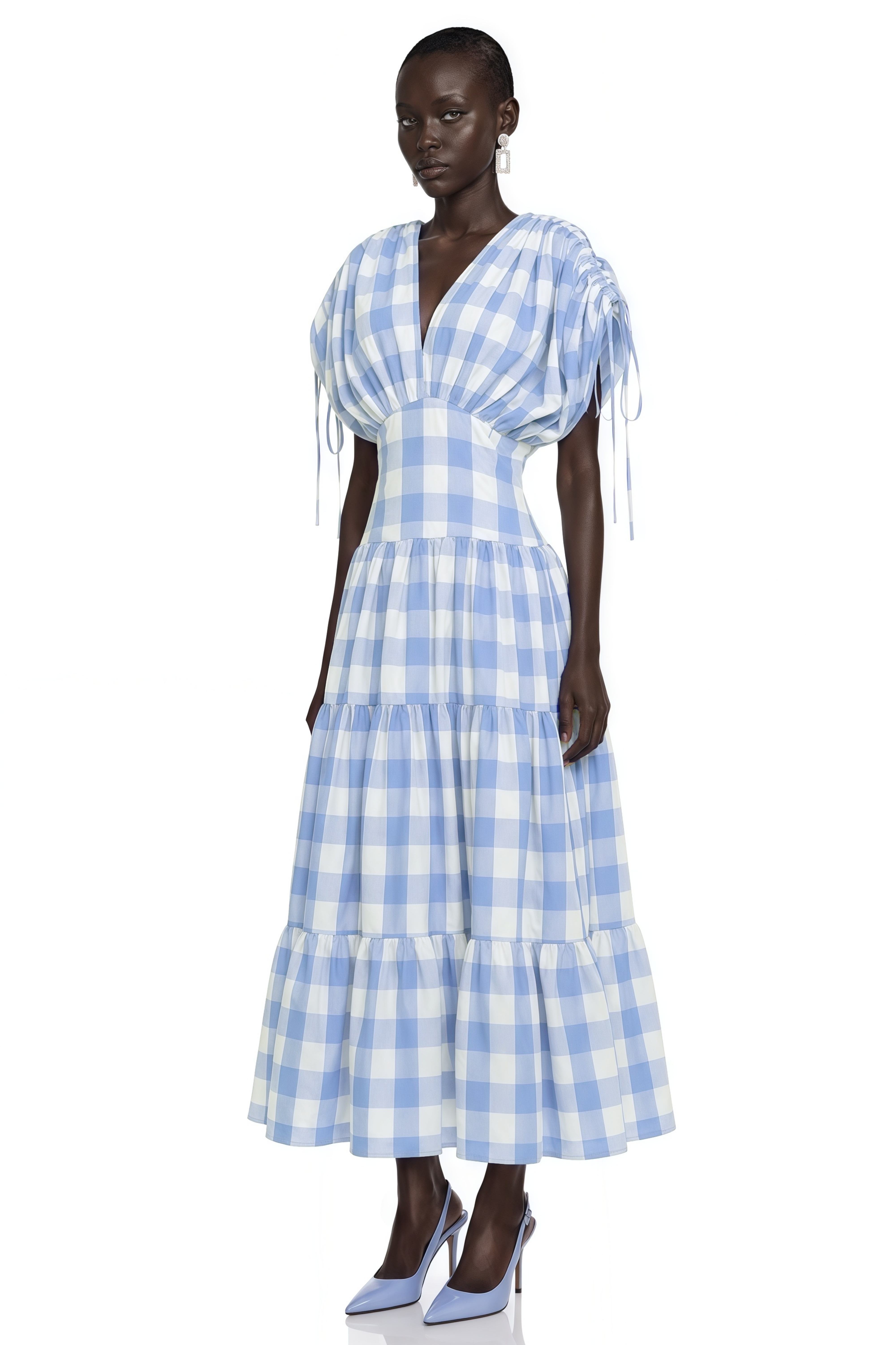 Hazel Blue Plunging Puff Sleeve Tiered Maxi Dress