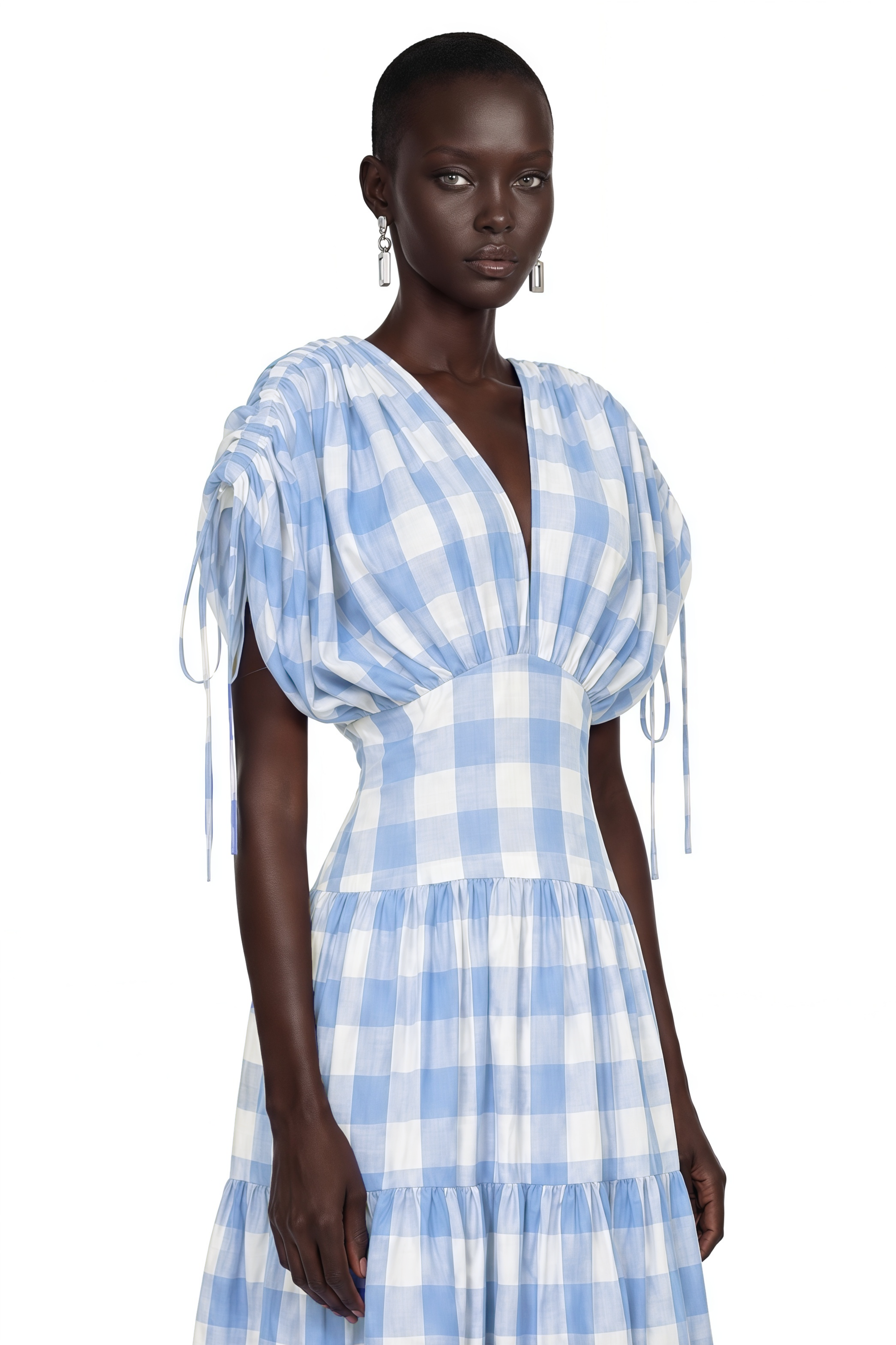 Hazel Blue Plunging Puff Sleeve Tiered Maxi Dress