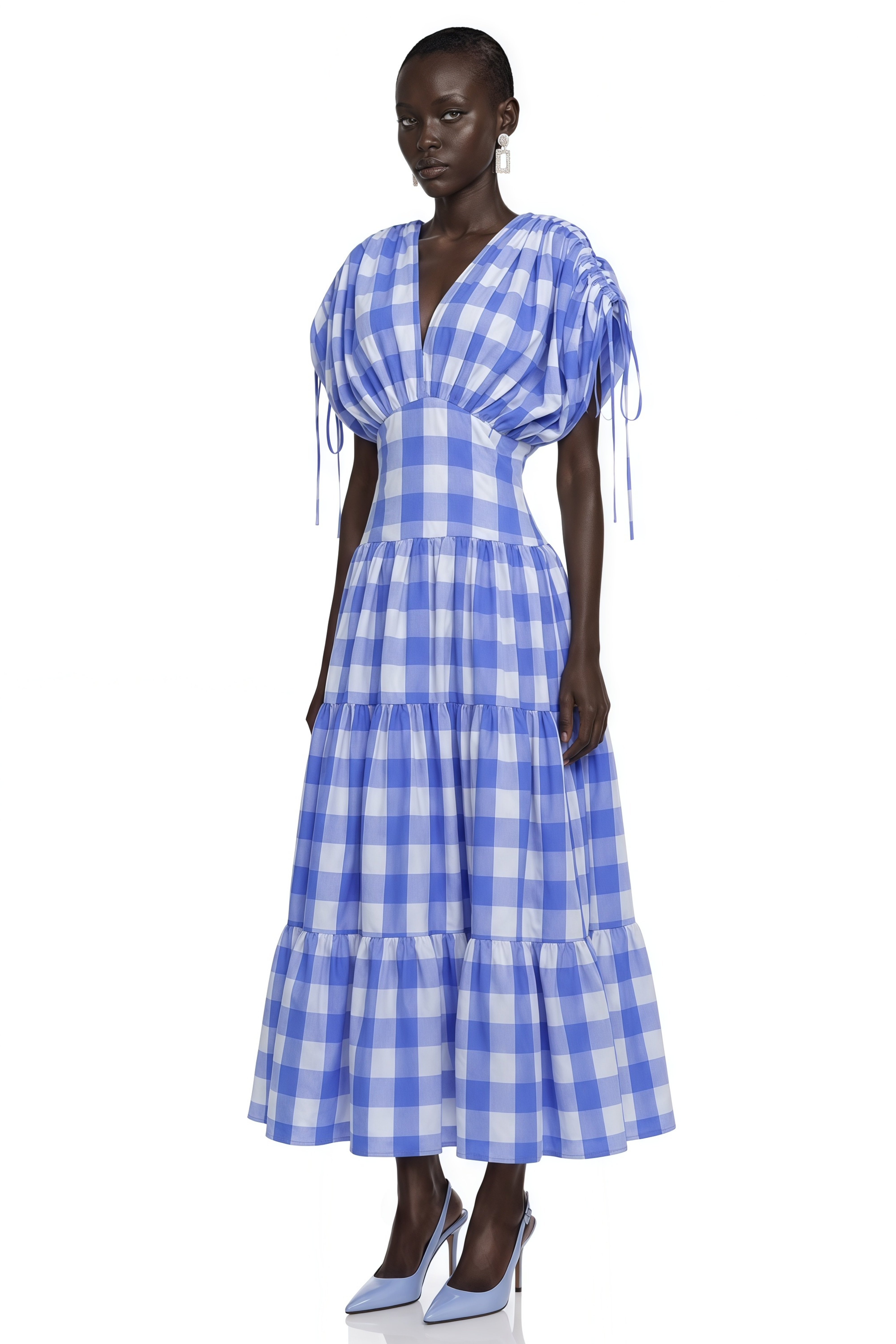 Hazel Blue Plunging Puff Sleeve Tiered Midi Dress