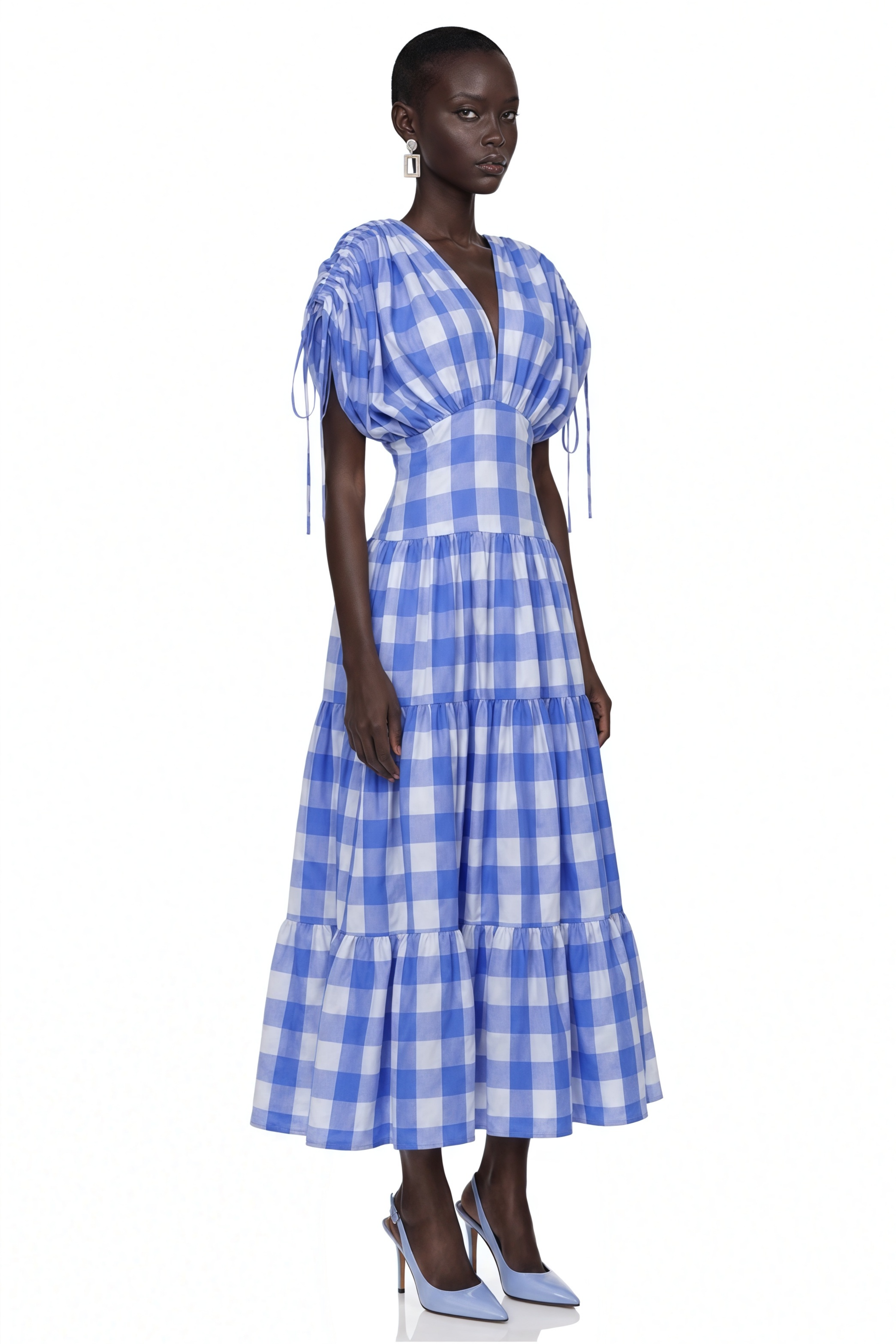 Hazel Blue Plunging Puff Sleeve Tiered Midi Dress