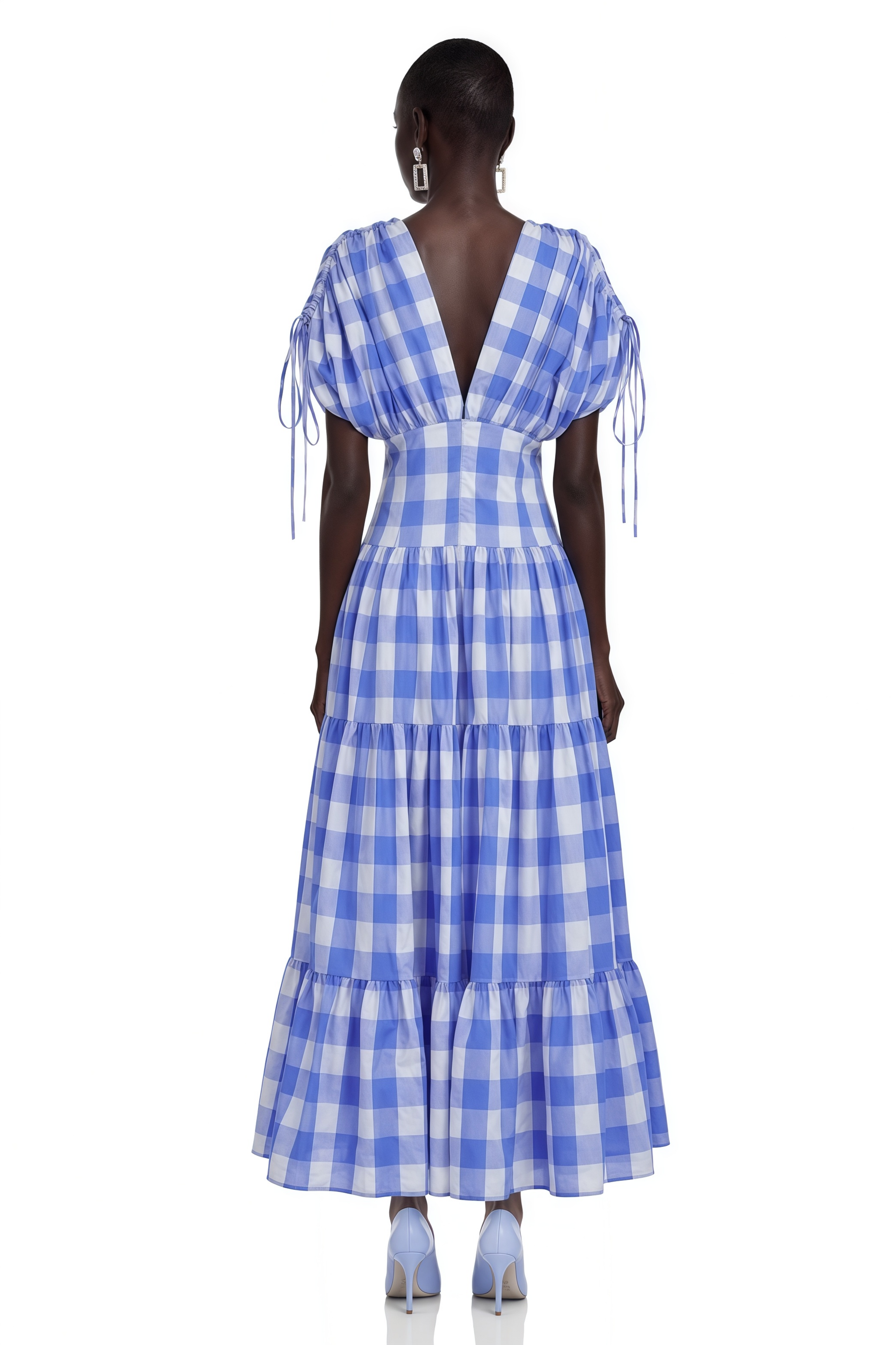 Hazel Blue Plunging Puff Sleeve Tiered Midi Dress