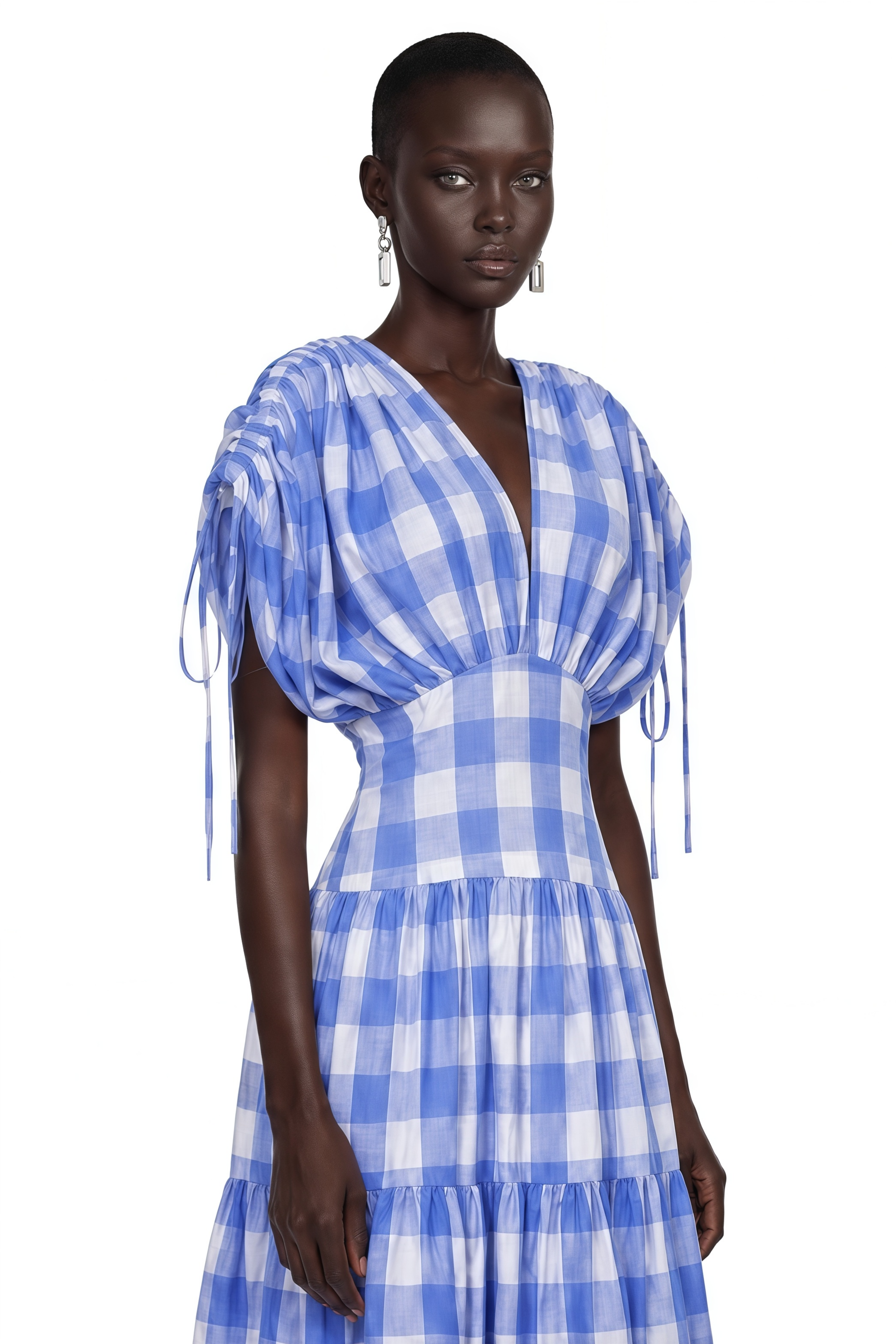 Hazel Blue Plunging Puff Sleeve Tiered Midi Dress