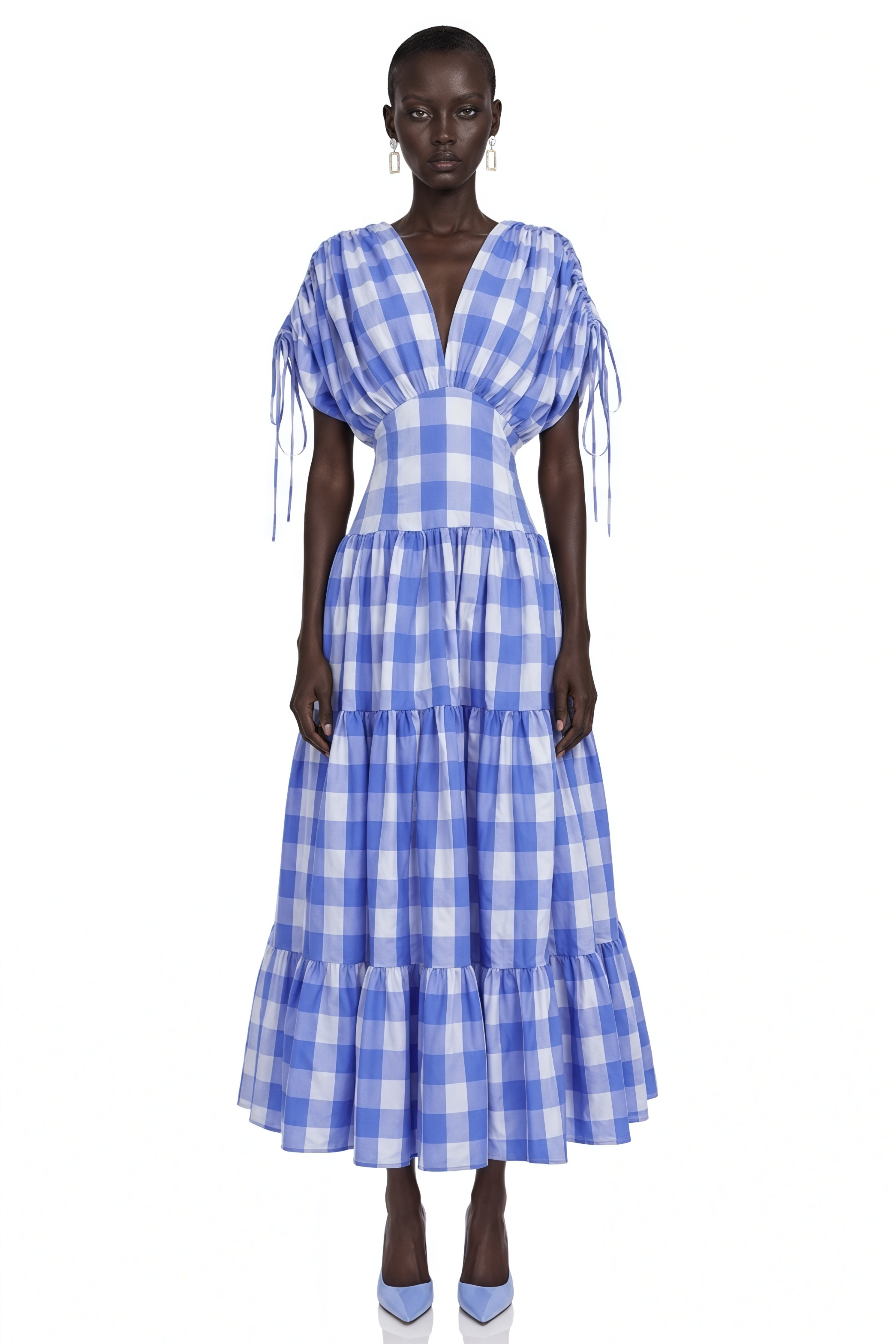 Hazel Blue Plunging Puff Sleeve Tiered Midi Dress