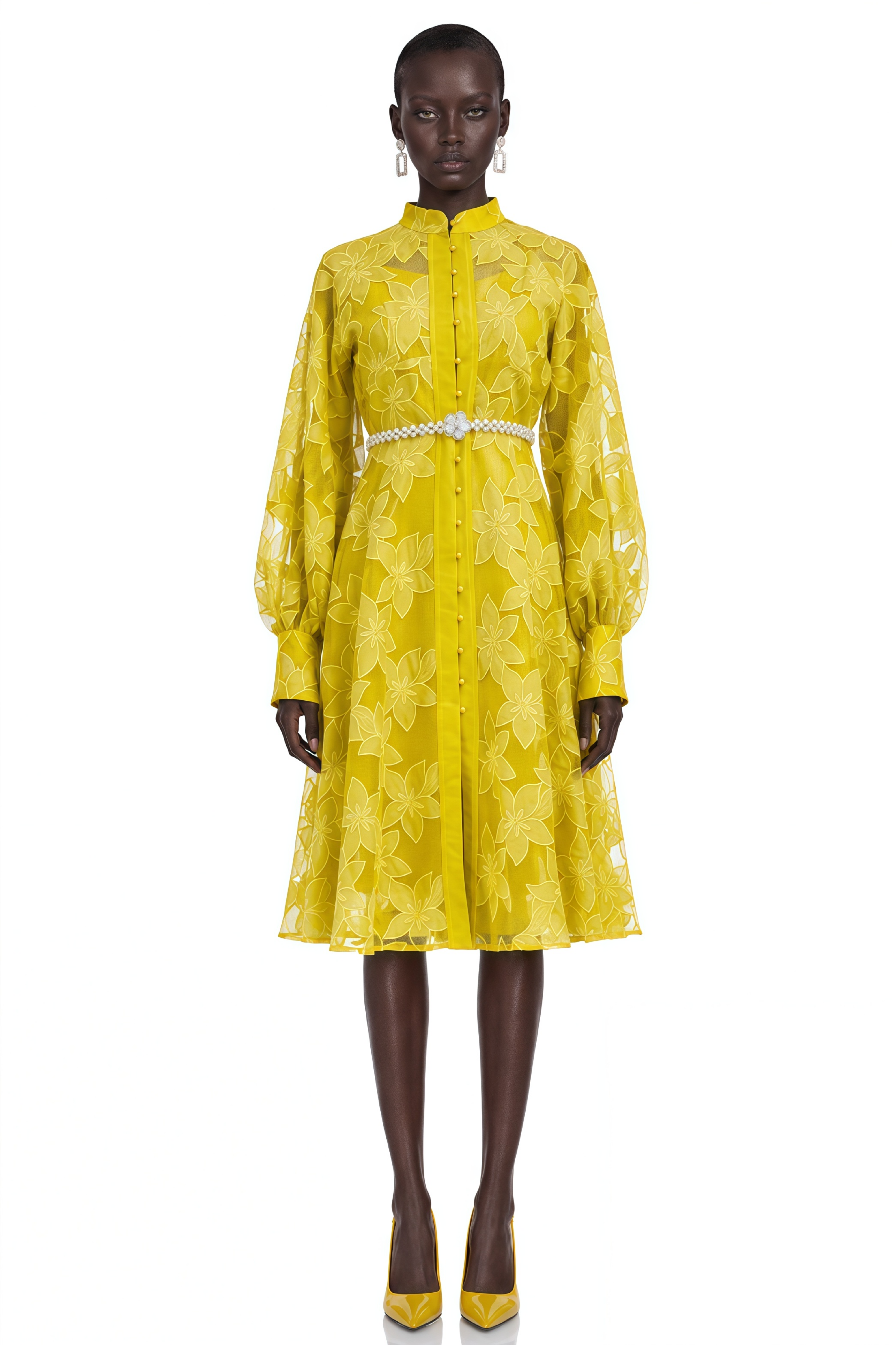 Heather Yellow Floral Embroidered Long Sleeve Midi Dress