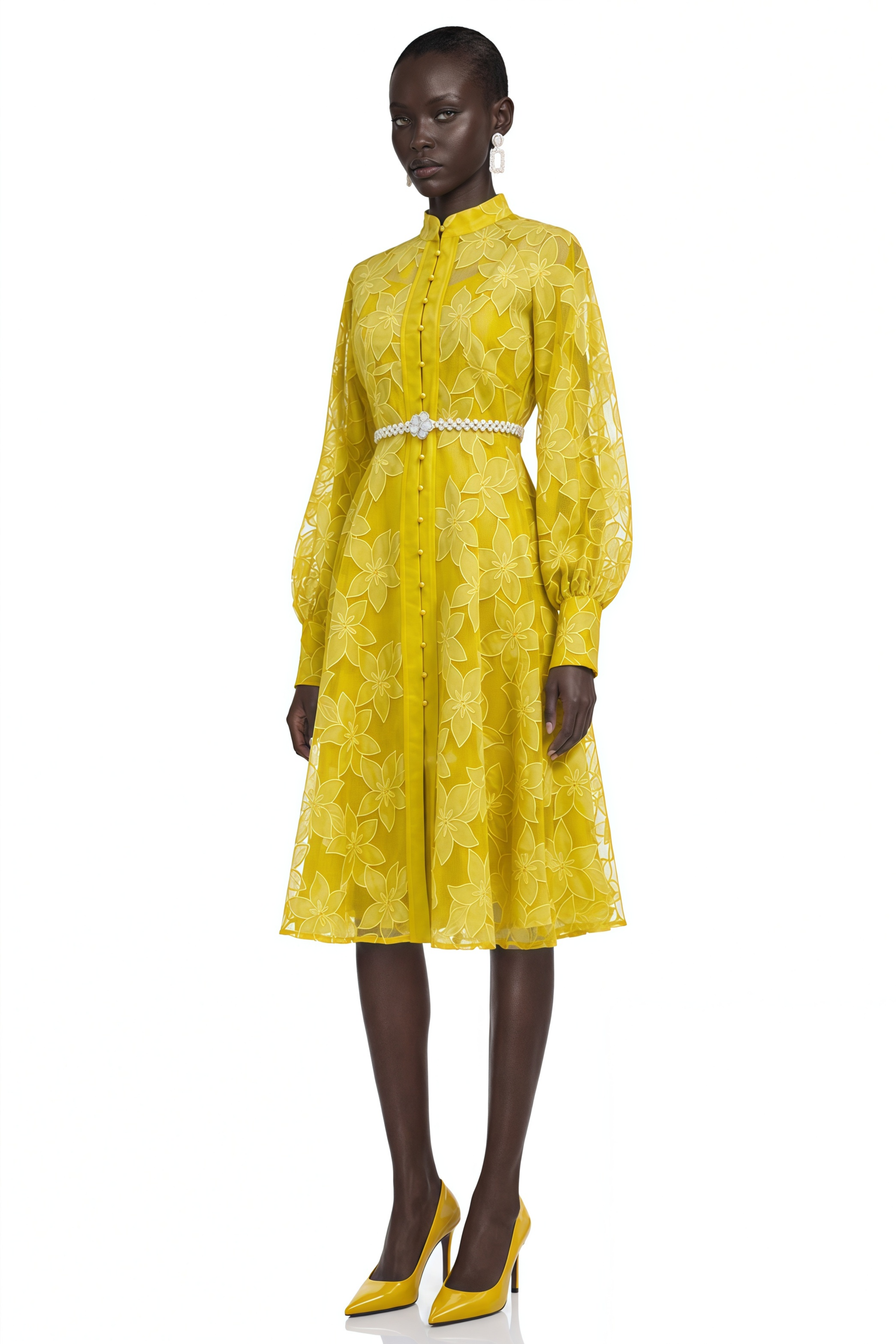 Heather Yellow Floral Embroidered Long Sleeve Midi Dress