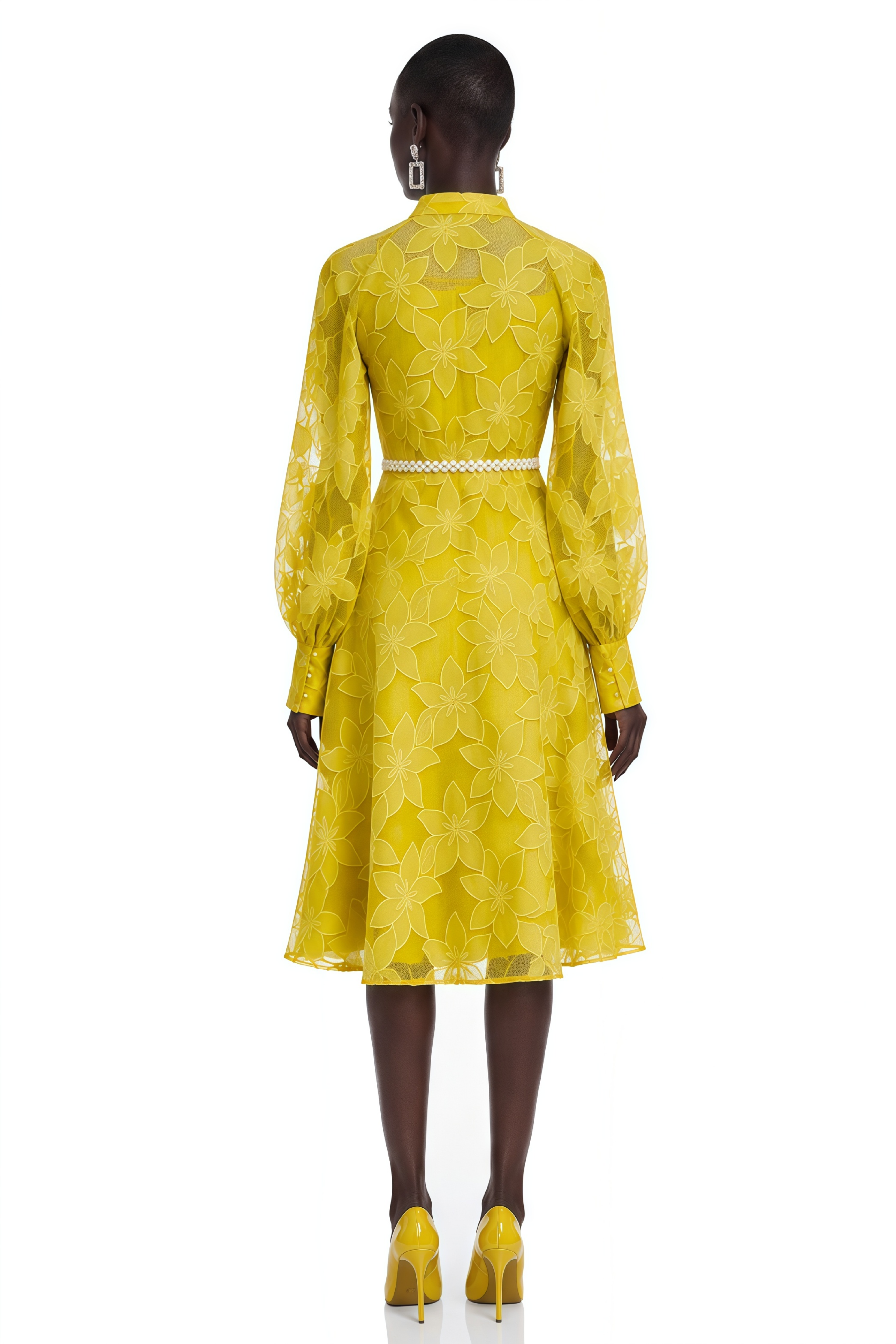 Heather Yellow Floral Embroidered Long Sleeve Midi Dress