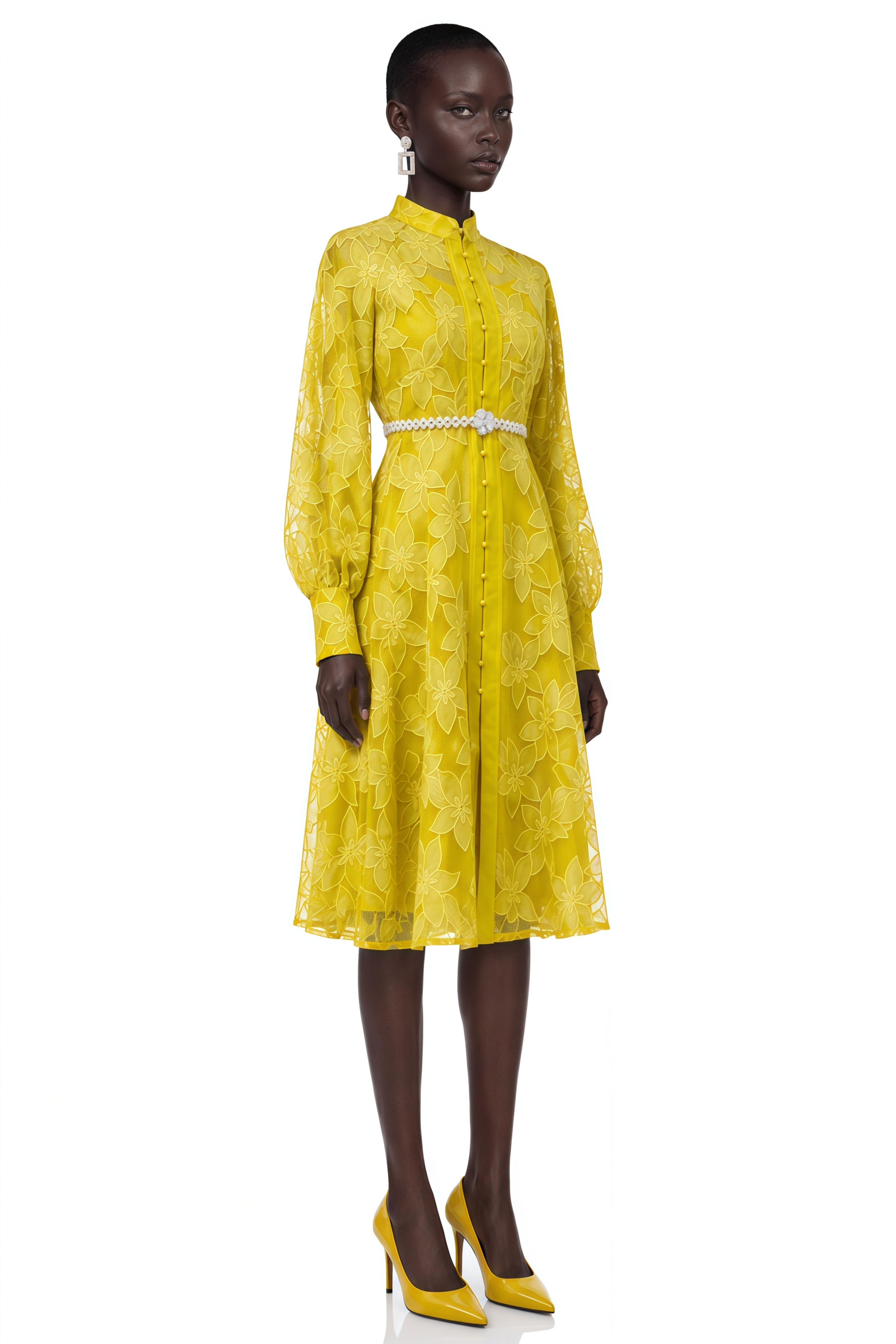 Heather Yellow Floral Embroidered Long Sleeve Midi Dress