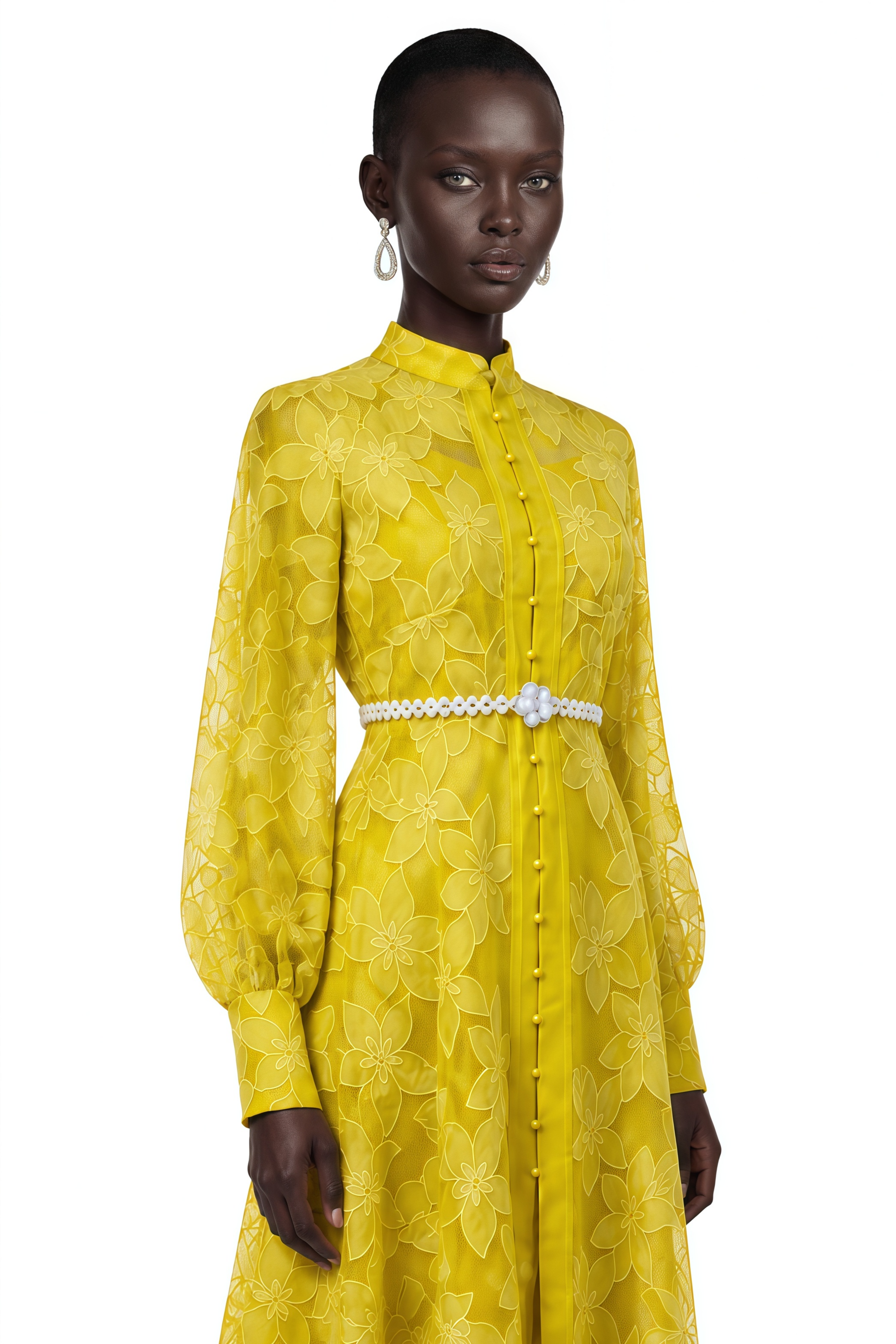 Heather Yellow Floral Embroidered Long Sleeve Midi Dress
