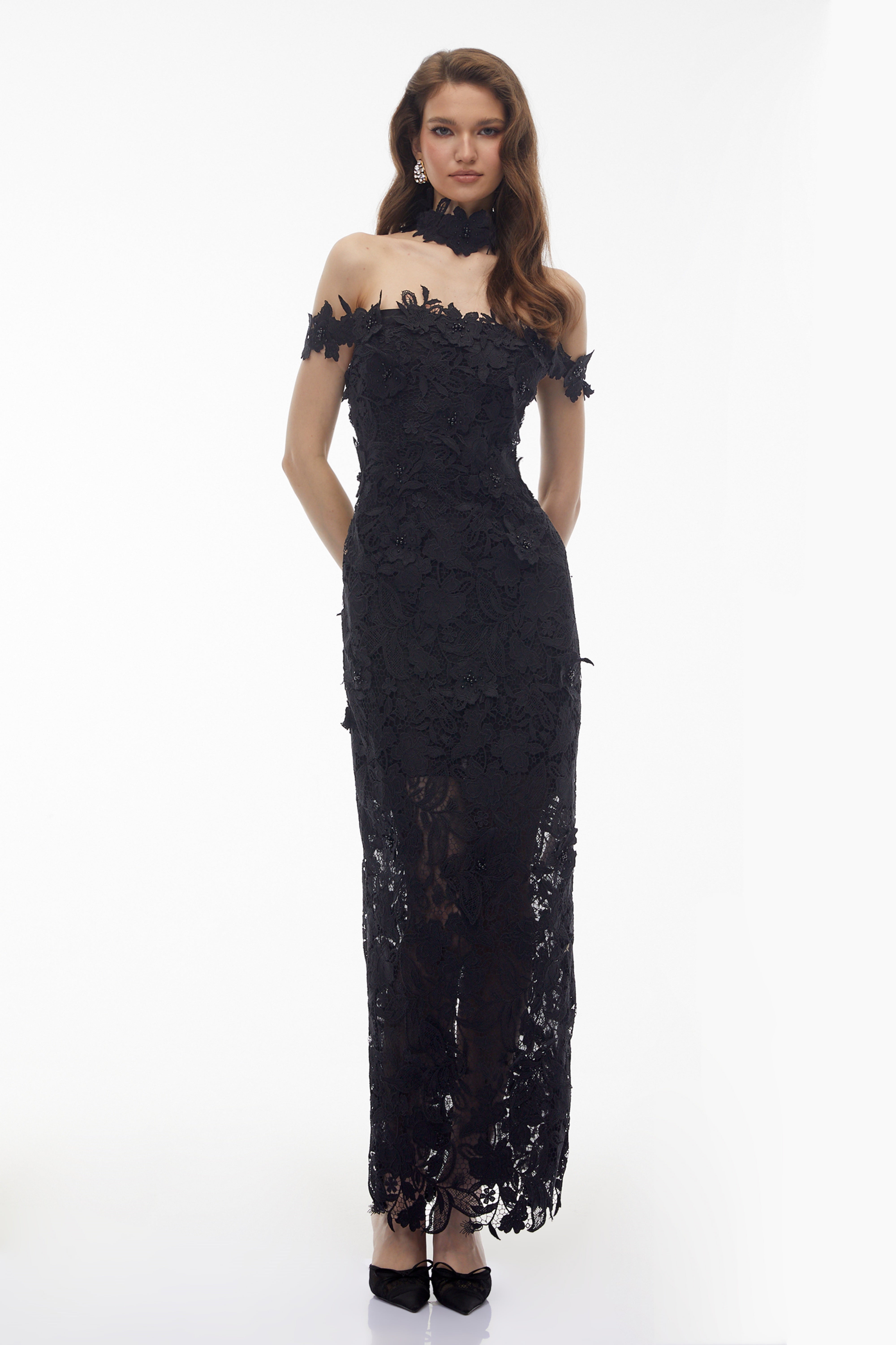 Black Floral Lace Off-the-Shoulder Maxi Dress with Choker Neck and Sheer Hem