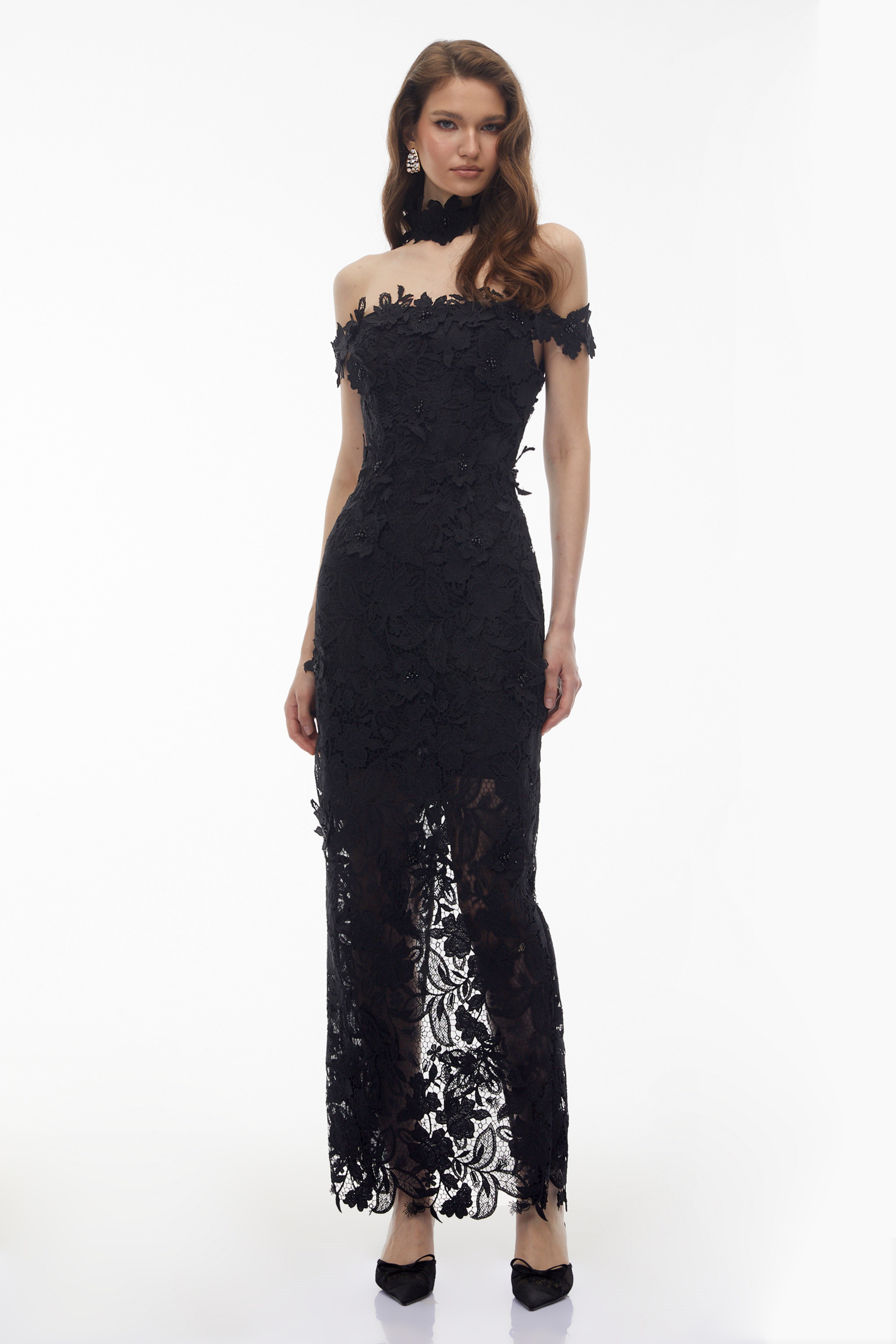 Black Floral Lace Off-the-Shoulder Maxi Dress with Choker Neck and Sheer Hem